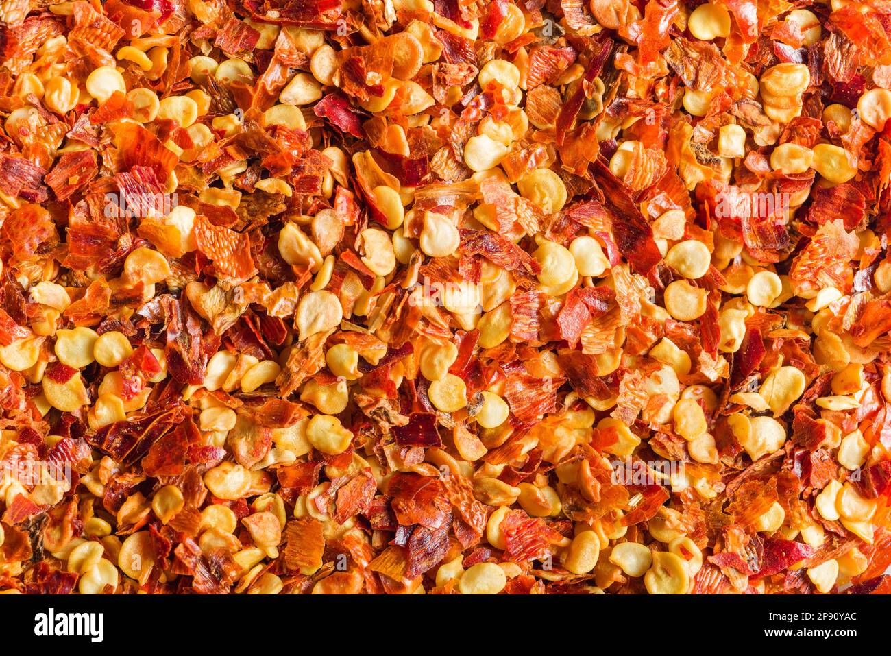 Séchez les flocons de piment. Les poivrons rouges écrasés. Vue de dessus. Banque D'Images