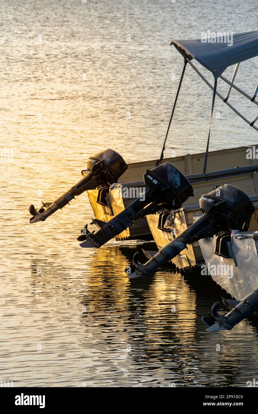 Une rangée de trois bateaux à moteur hors-bord dans une rangée garée dans l'eau tranquille baignée par le soleil de la fin de l'après-midi en Nouvelle-Galles du Sud, en Australie Banque D'Images