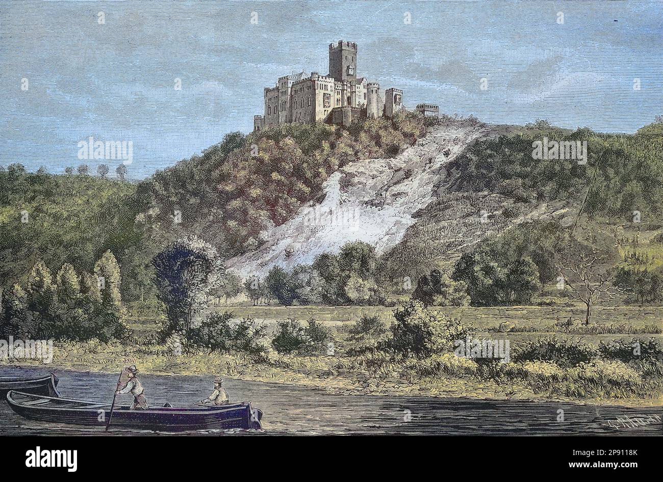 Burg Lahneck, ist eine mittelalterliche Festung in der Stadt Lahnstein in Rheinland-Pfalz, Deutschland, Ansicht aus dem 19. Jahrhundt, Historisch, digital restaurierte Reproduktion von einer Vorlage aus dem 19. Jahrhundert Banque D'Images