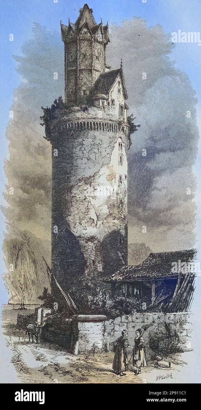Der Runder Turm von Andernach in Deutschland ist ein großer Wehrturm, der Bergfried der Stadt und der Schauinsland aus dem 15. Betrieb einer Wachturm der Stadtbefestigung an der Nordwestecke der mittelalterlichen Stadtmauer, Historisch, digital restaurierte Reproduktion von einer Vorlage aus dem 19. Jahrhundert Banque D'Images