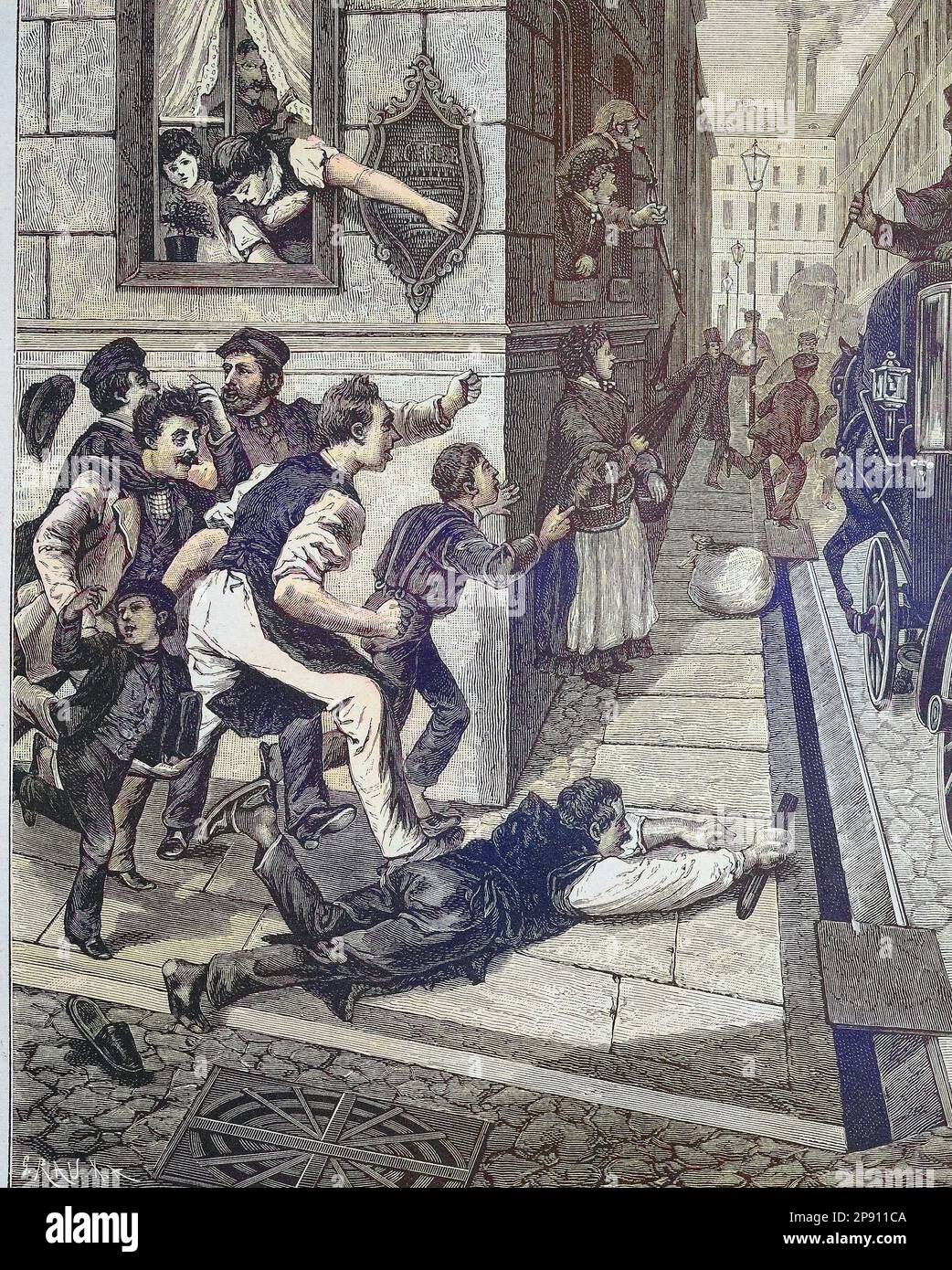 Haltet den Dieb, Leute jagen einem Taschendieb hinterher, Londres, 1885, Historisch, digital restaurierte Reproduktion von einer Vorlage aus dem 19. Jahrhundert Banque D'Images