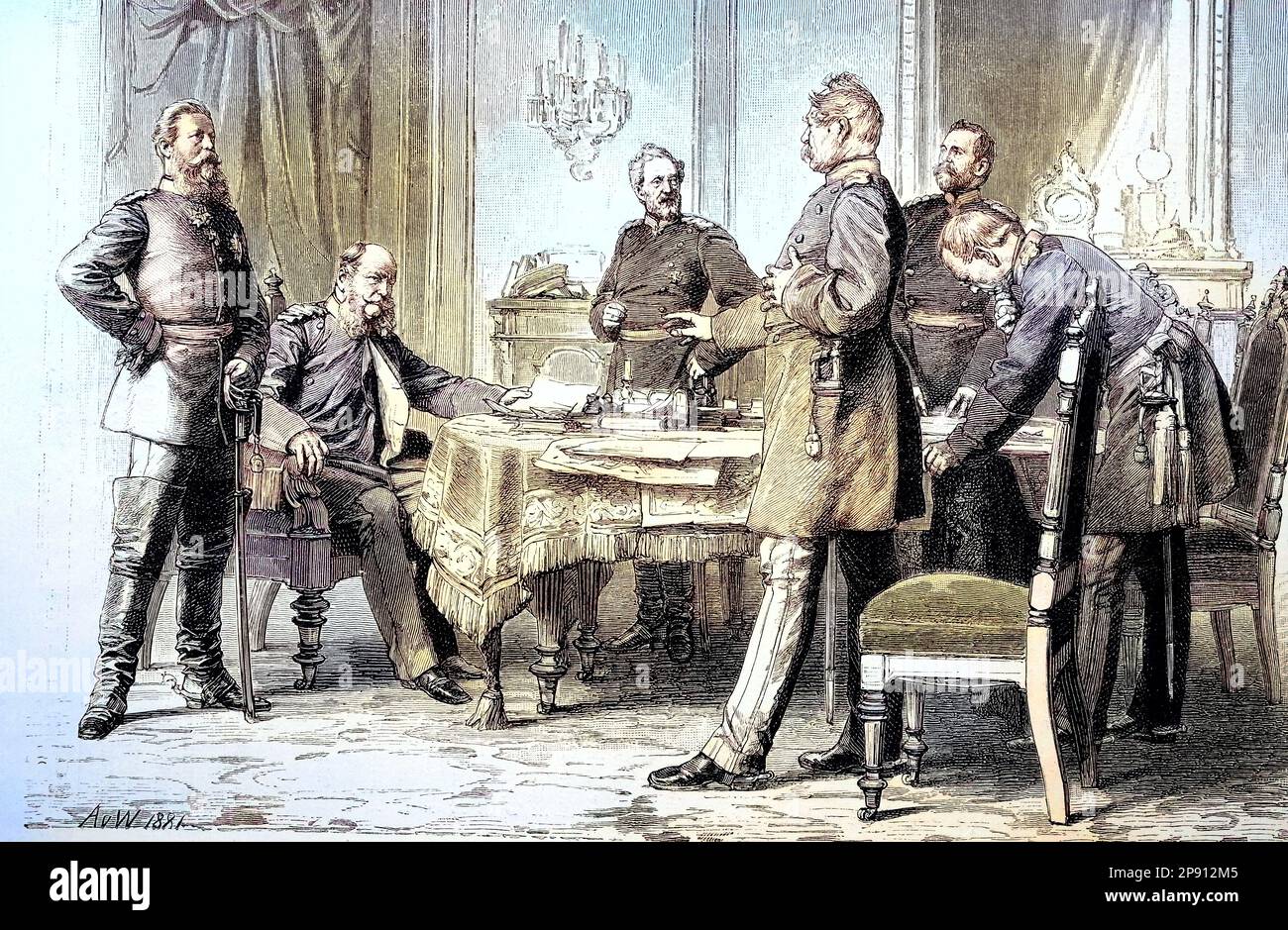 Militerpersonen im Deutsch-Französischen Krieg 1870 - 1871, Ein Militärischer Vortrag in Versailles mit Kronprinz Friedrich Wilhelm, König Wilheln, General von Blumenthal, Kriegsminister von Roon, General von Podibielski und General Moltke, von Links, Frankreich, Historisch, Digital Historierisch, Digital Vorierte der Reiterhaus der 19. Jahrhundert Banque D'Images