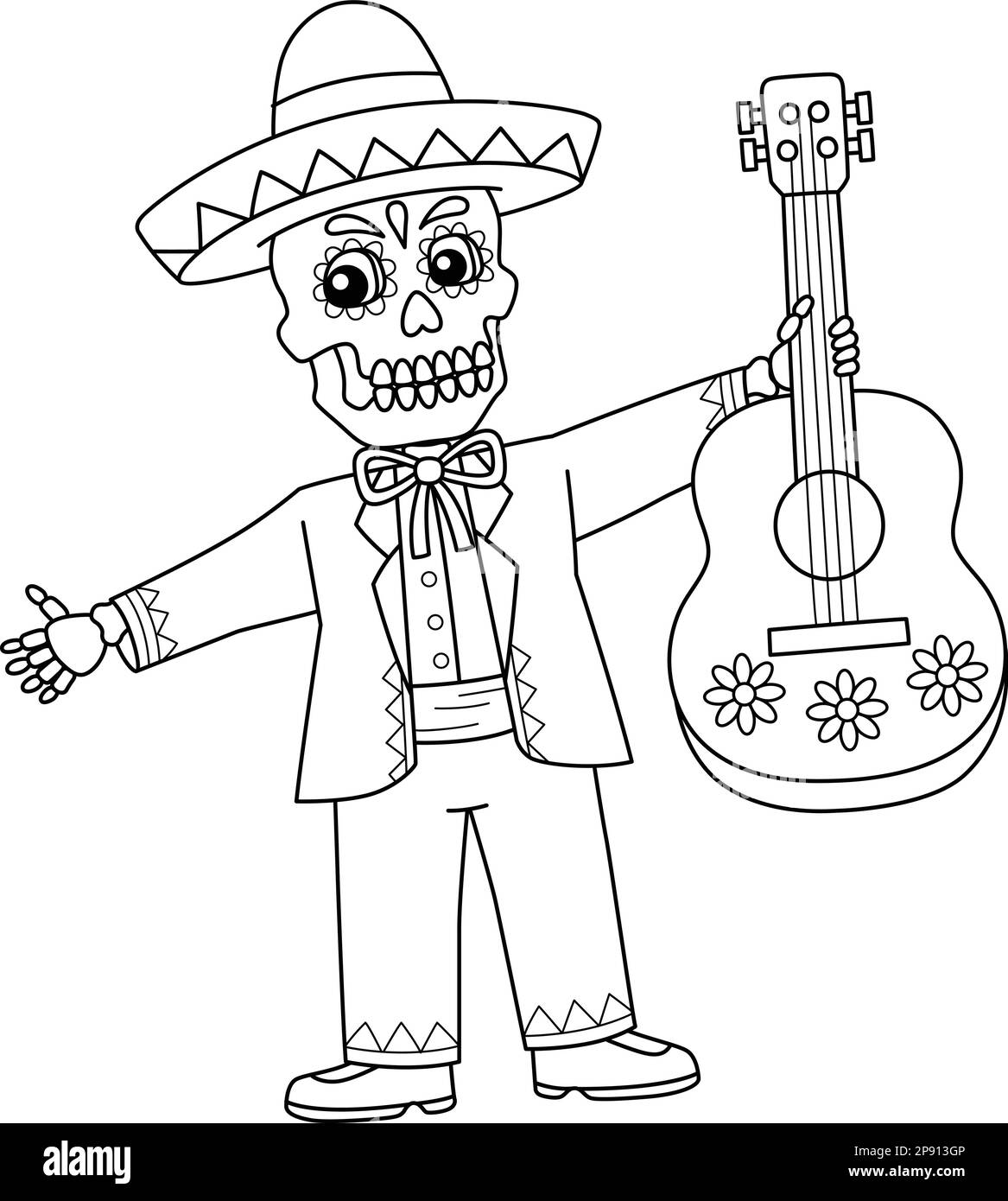 Page de coloriage isolée de squelette de Mariachi mexicain Illustration de Vecteur