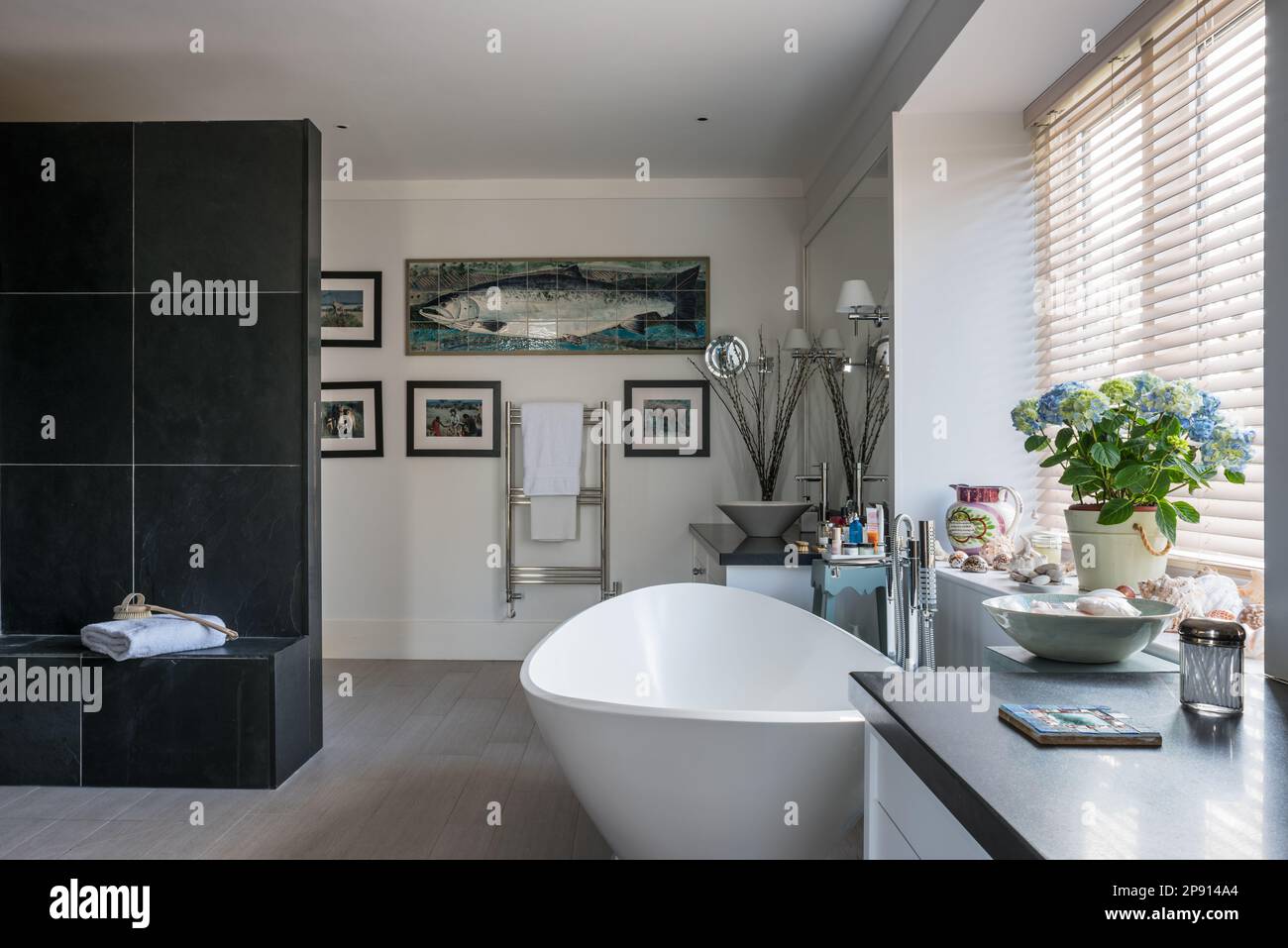 Salle de bains indépendante avec poisson en céramique dans la maison récemment construite des Cotswolds Banque D'Images