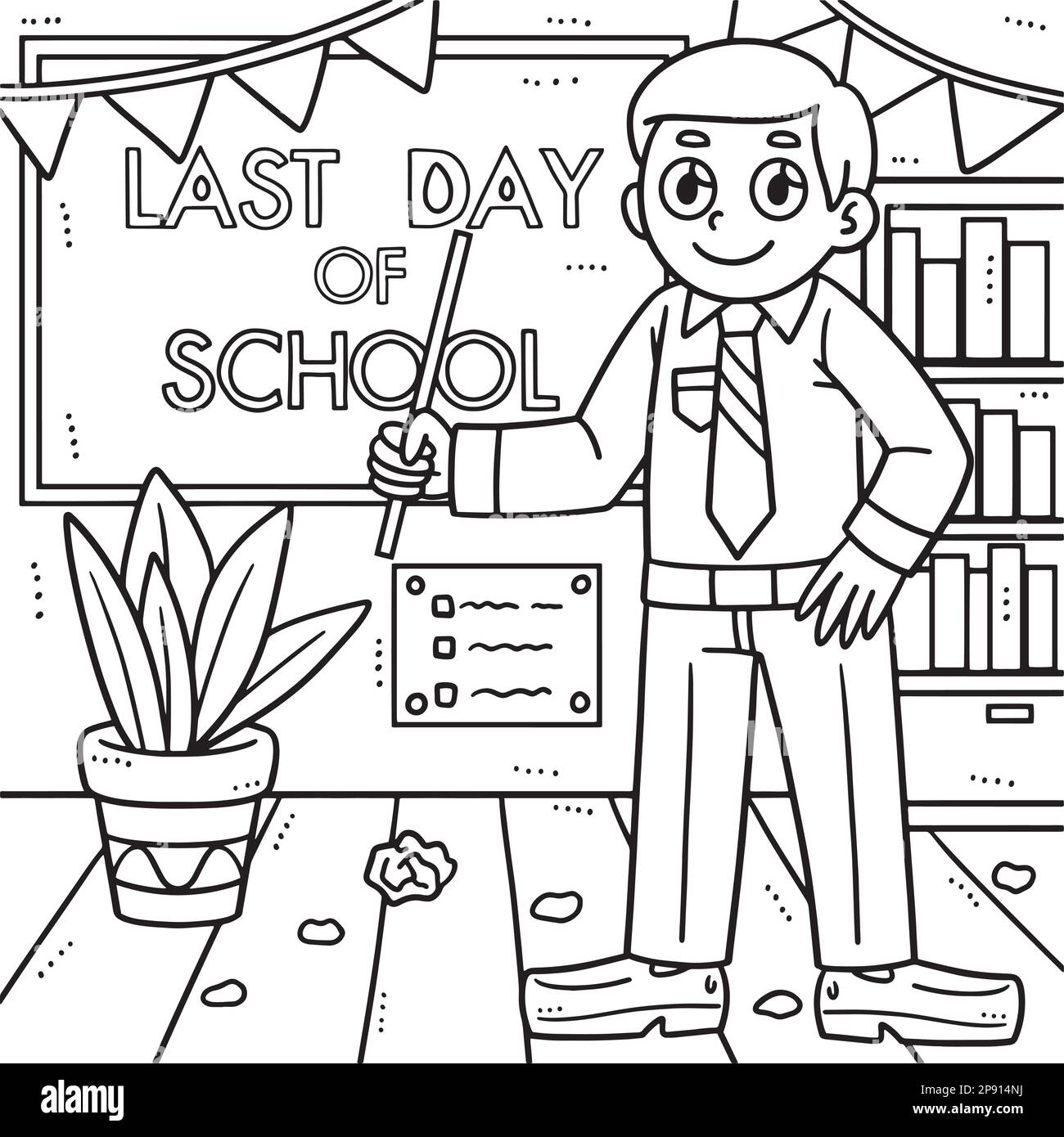 Dernière journée de l'école enseignant coloriage page pour les enfants Illustration de Vecteur