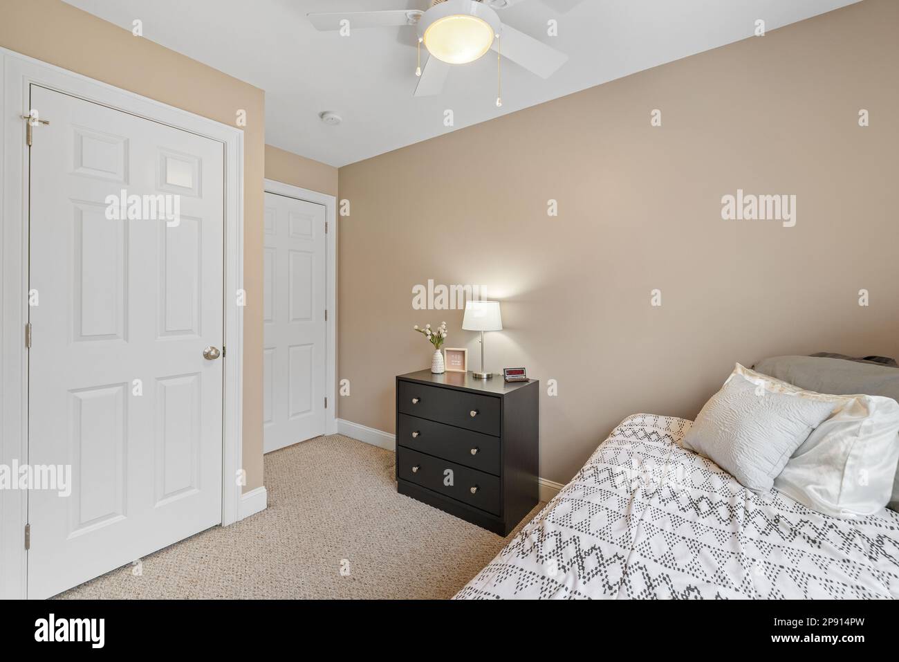 La chambre vibrante dispose d''un lit confortable et d''un ventilateur de plafond blanc moderne Banque D'Images