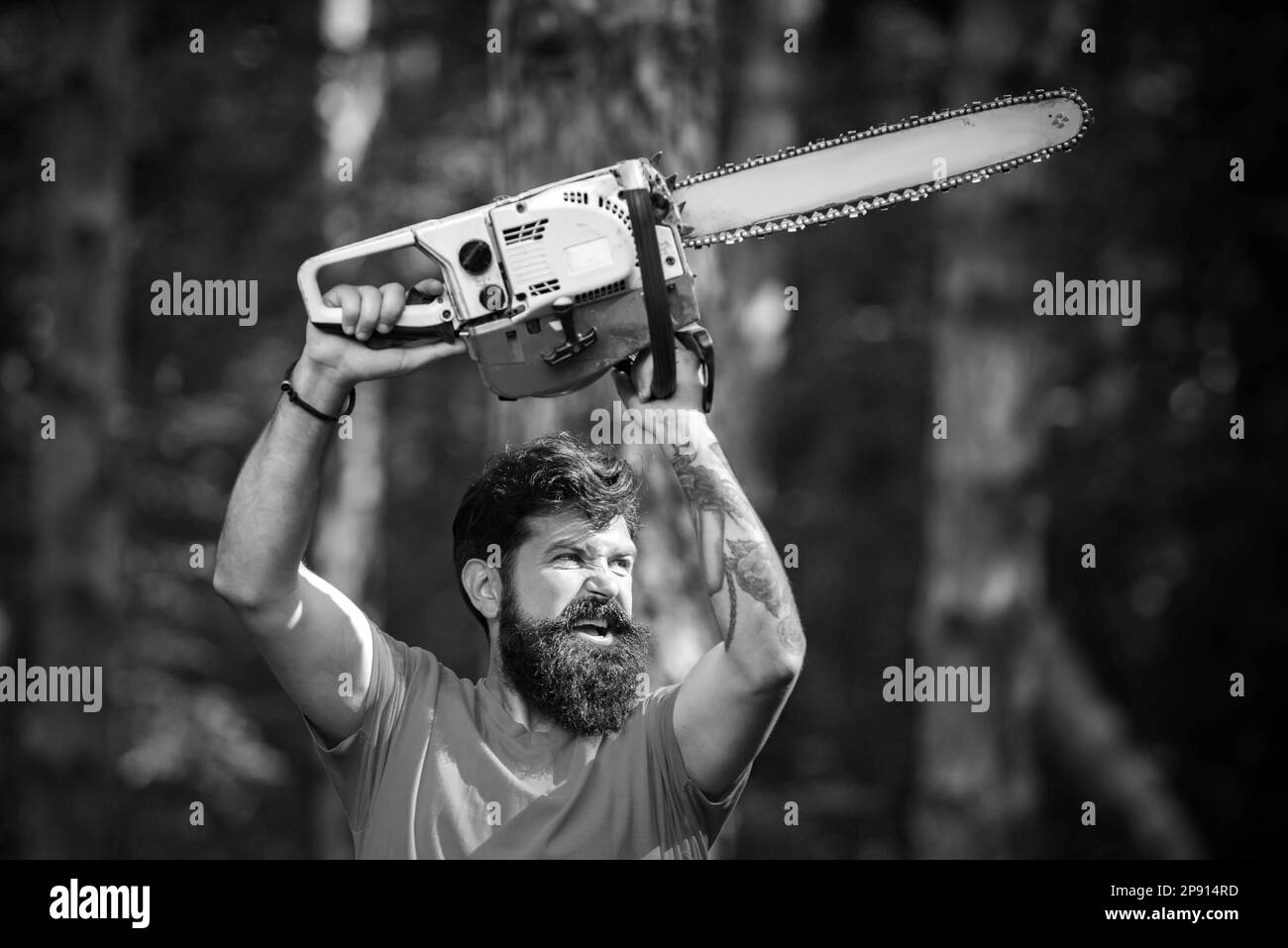 Bûcheron dans les bois avec hache à tronçonneuse. Beau jeune homme avec hache près de la forêt. Tronçonneuse. Déforestation. Ouvrier de bûcherons avec tronçonneuse dans le FO Banque D'Images