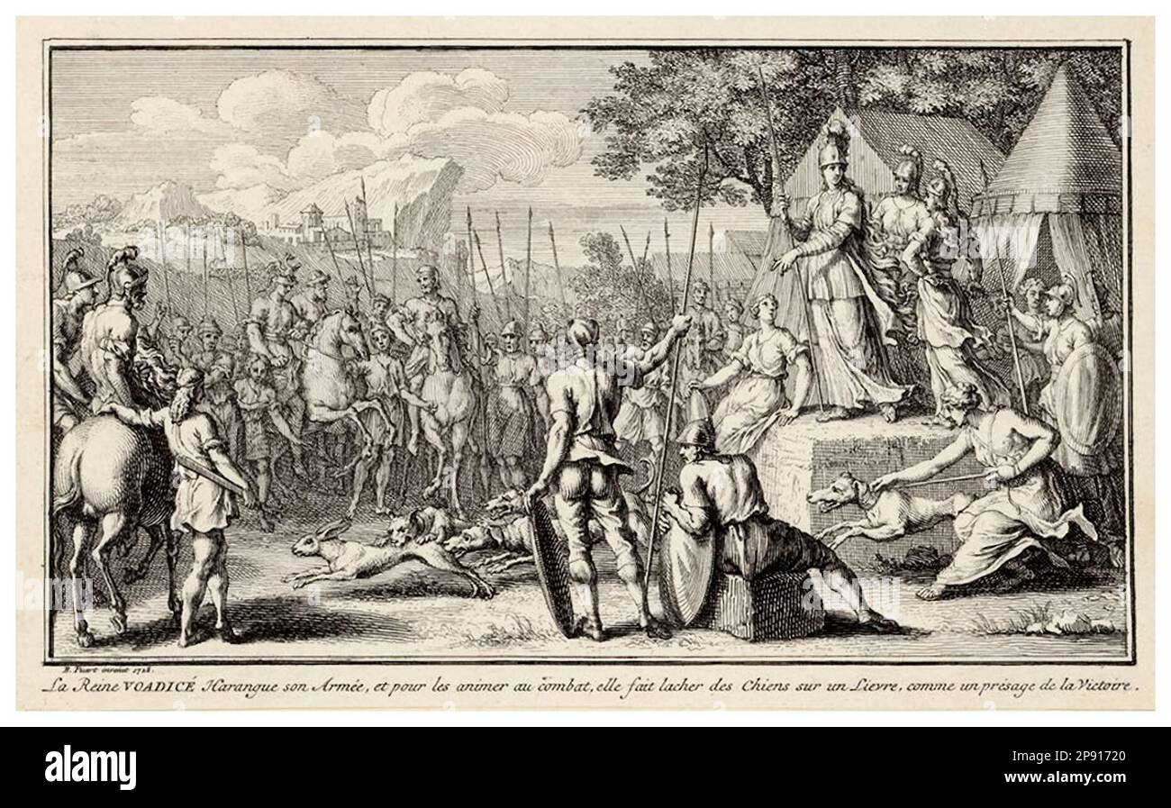 Boudica et son armée (Boadicea), gravure de Bernard Picart, 1728 Banque D'Images