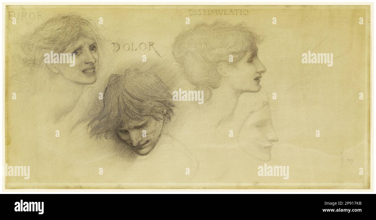 Edward Burne Jones, esquisses d'expressions faciales, folie, douleur, dissimulation, suspicion, dessin au crayon sur carton, 1905 Banque D'Images