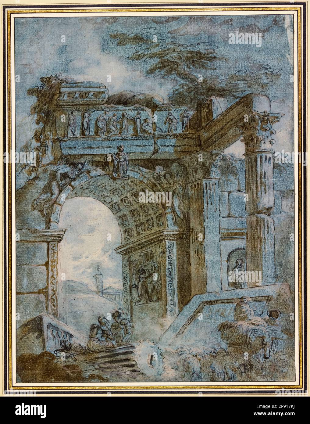 Hubert Robert, arche triomphale romaine, peinture au stylo et à l'encre au pinceau, avant 1808 Banque D'Images