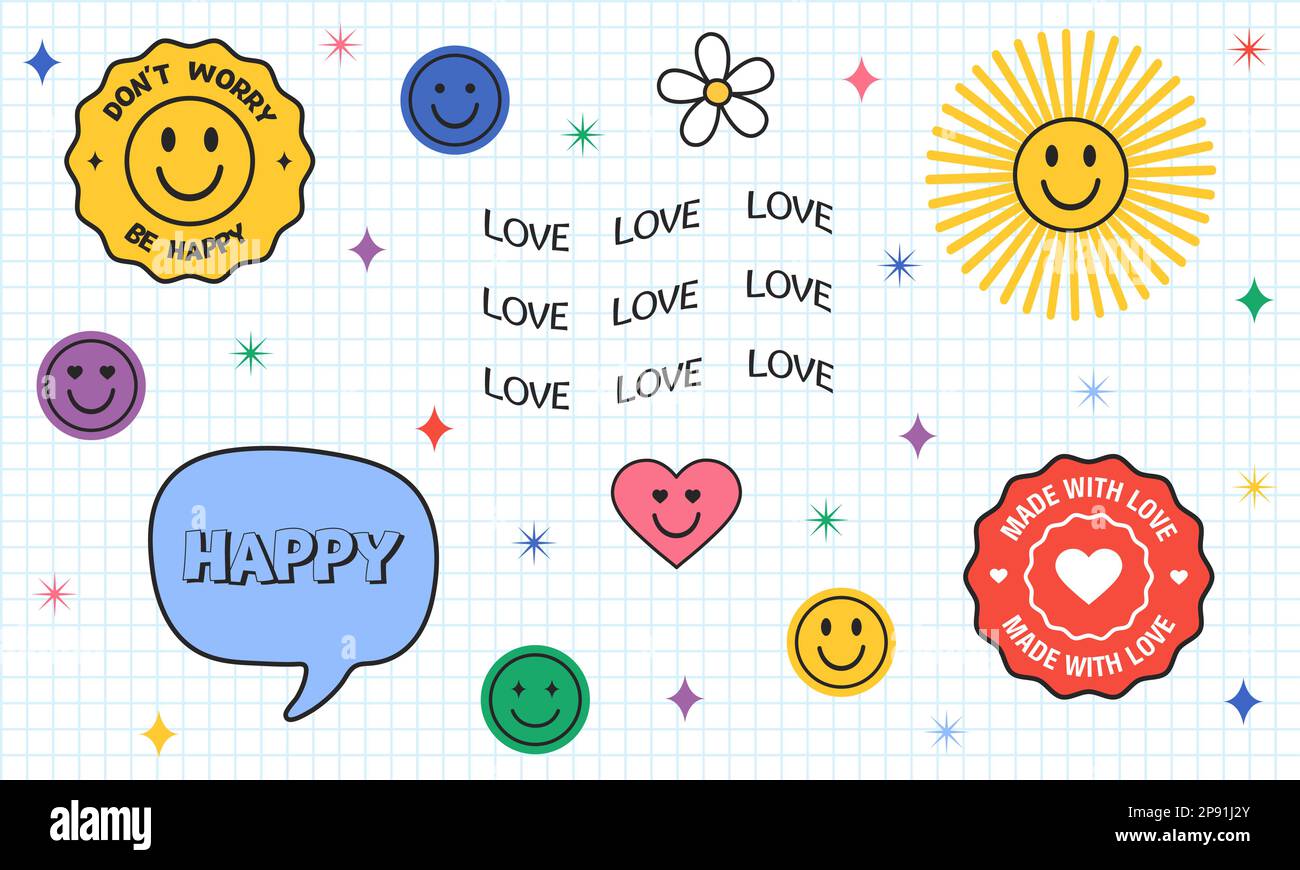 Ne vous inquiétez pas soyez heureux collection de patches abstraits. Fabriqué avec un autocollant « amour ». Autocollants tendance sourire heureux. Design rétro vectoriel Illustration de Vecteur