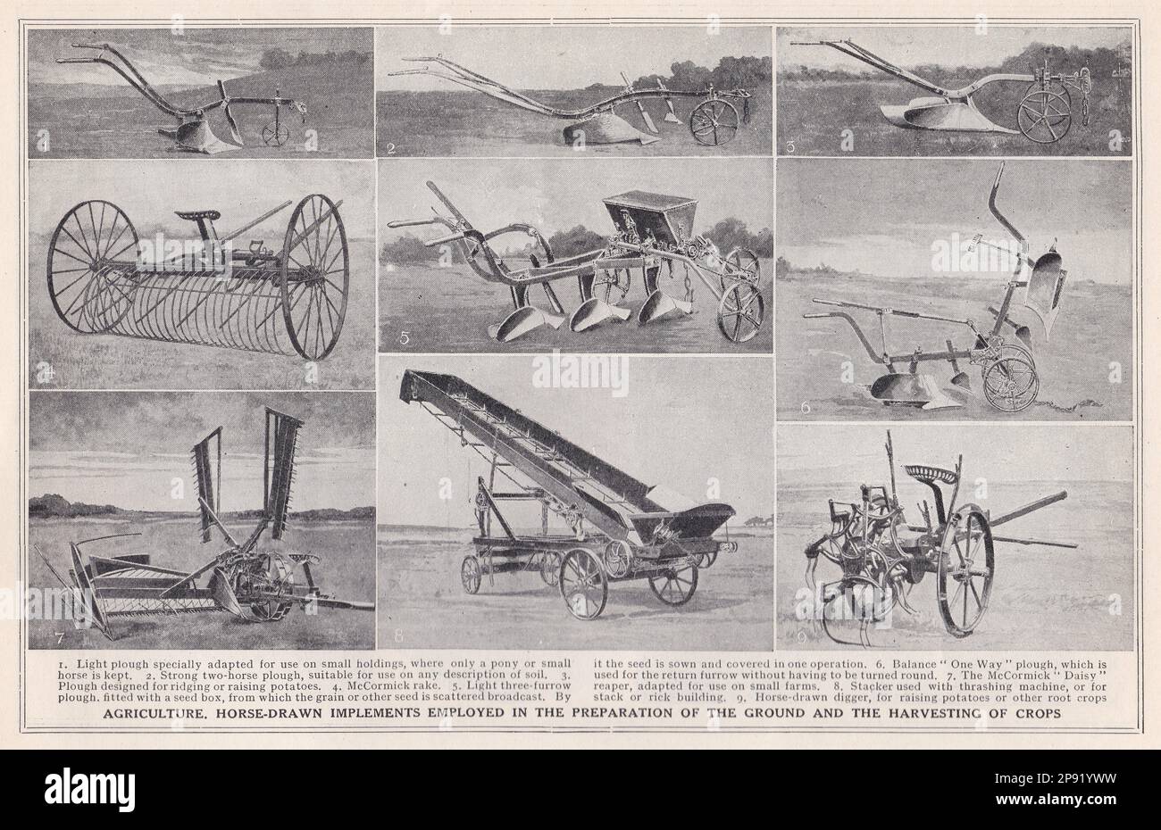 Agriculture - Outils tirés par des chevaux utilisés dans la préparation du sol et la récolte des cultures. Banque D'Images