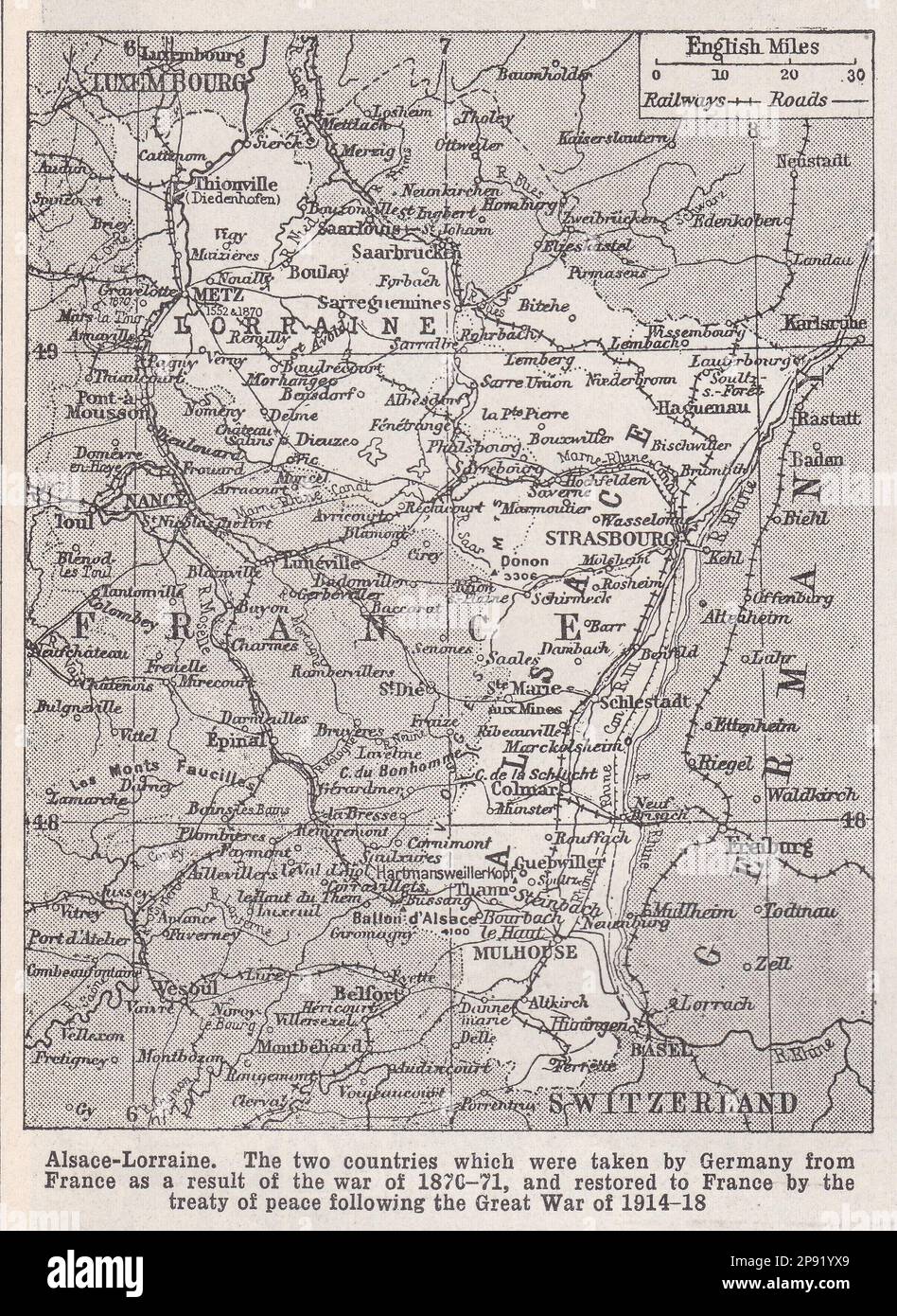 Carte ancienne d'Alsace-Lorraine - les deux pays qui ont été pris par l'Allemagne de France à la suite de la guerre de 1870-71, et restauré en 1918. Banque D'Images