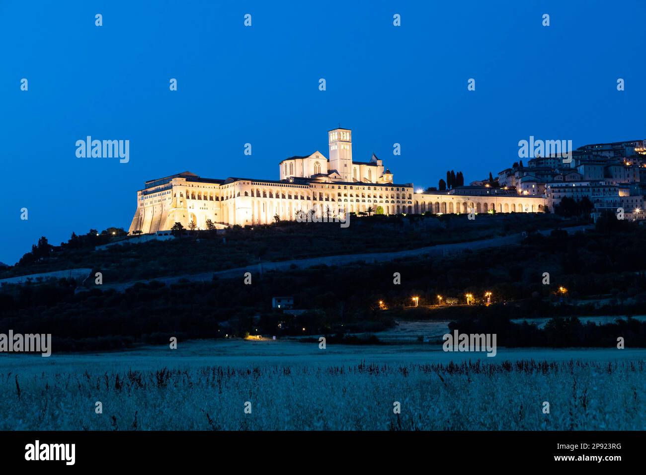 Basilique d'Assise la nuit dans la région de l'Ombrie, en Italie. La ville est célèbre pour la plus importante basilique italienne Saint François (basilique de San Francesco) Banque D'Images