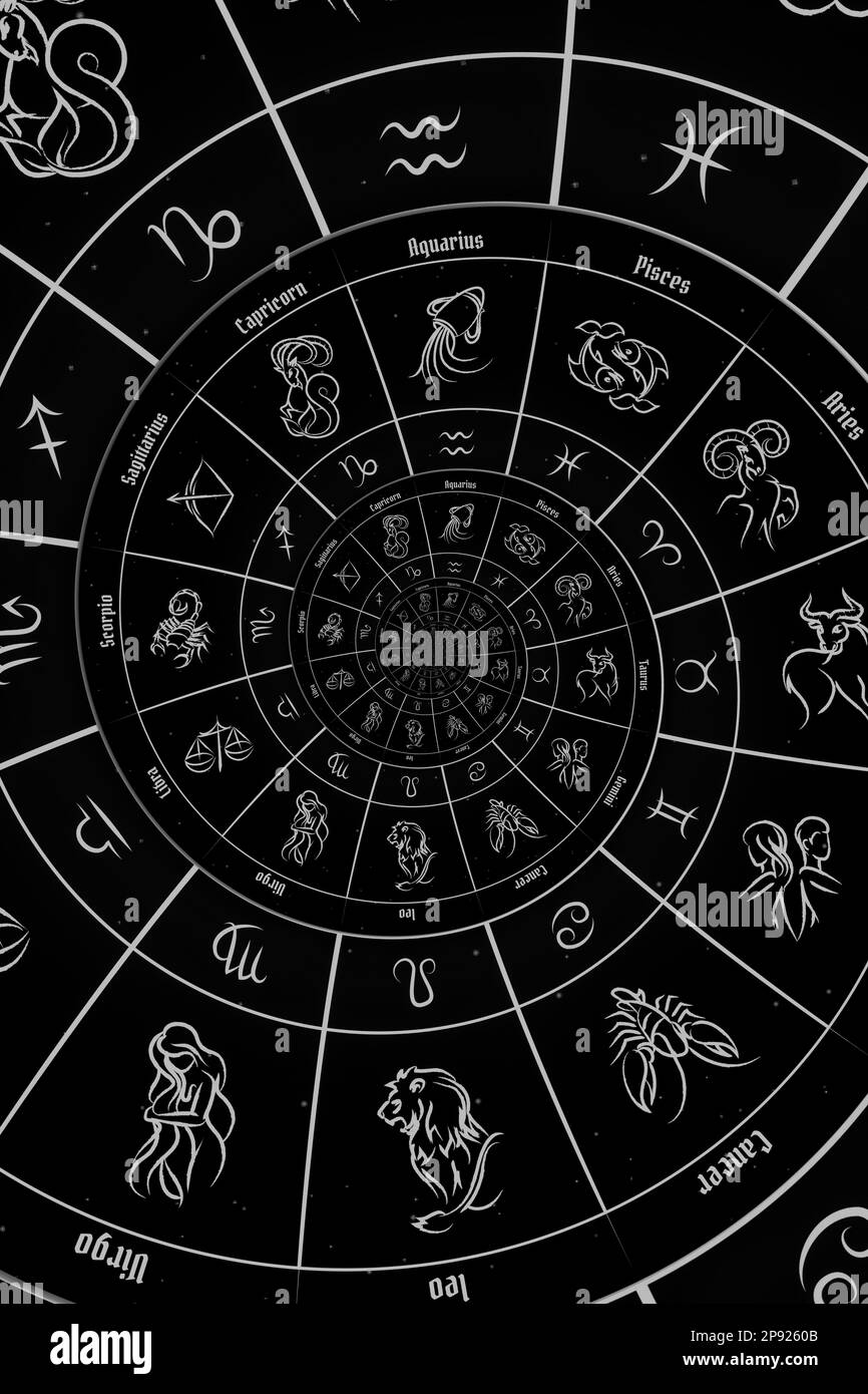 Signes du zodiaque arrière-plan de l'horoscope. Concept de fantaisie et de mystère - noir Banque D'Images