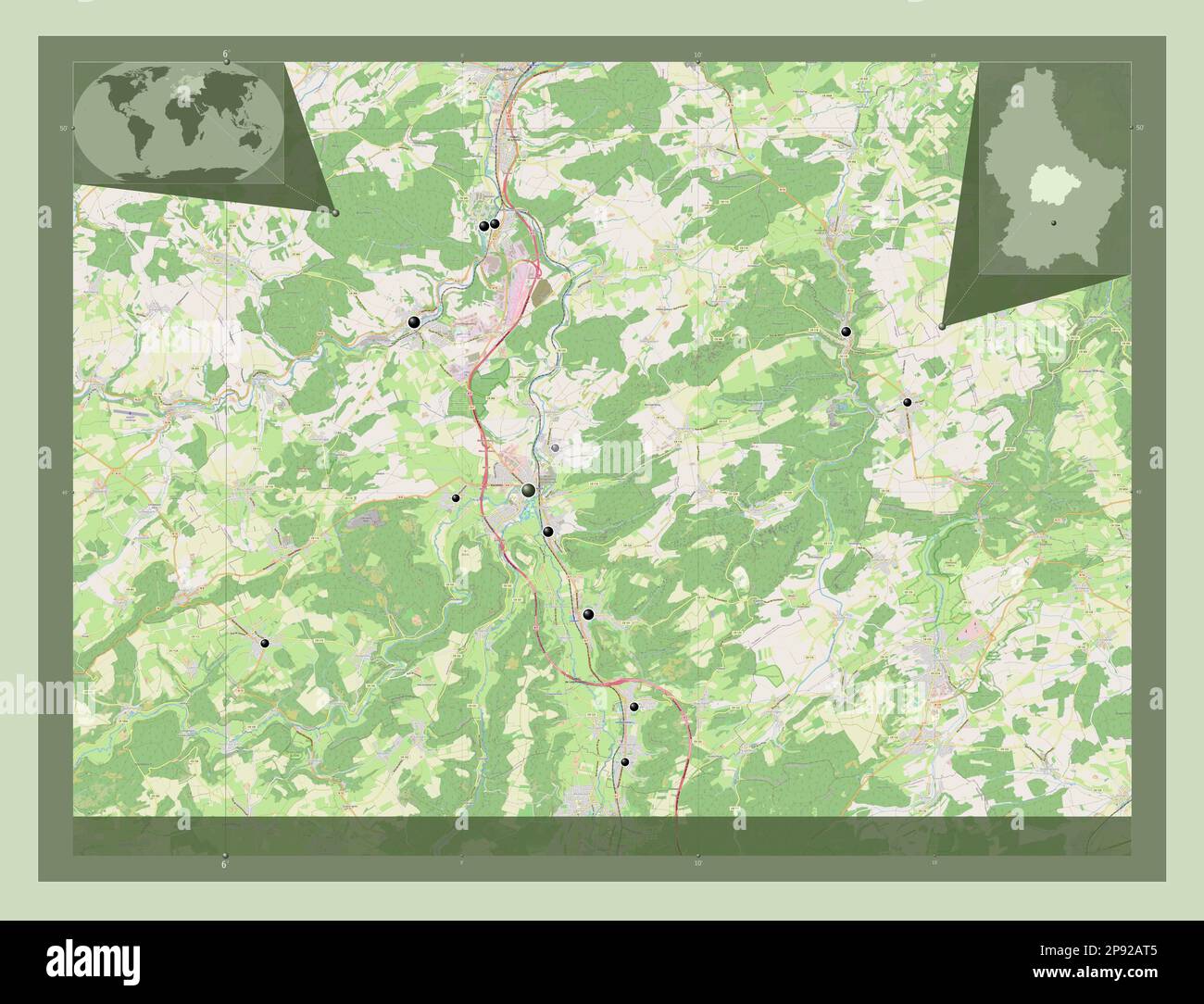 Canton de Luxembourg. Ouvrez la carte des rues. Lieux des principales villes de la région. Cartes d'emplacement auxiliaire d'angle Banque D'Images