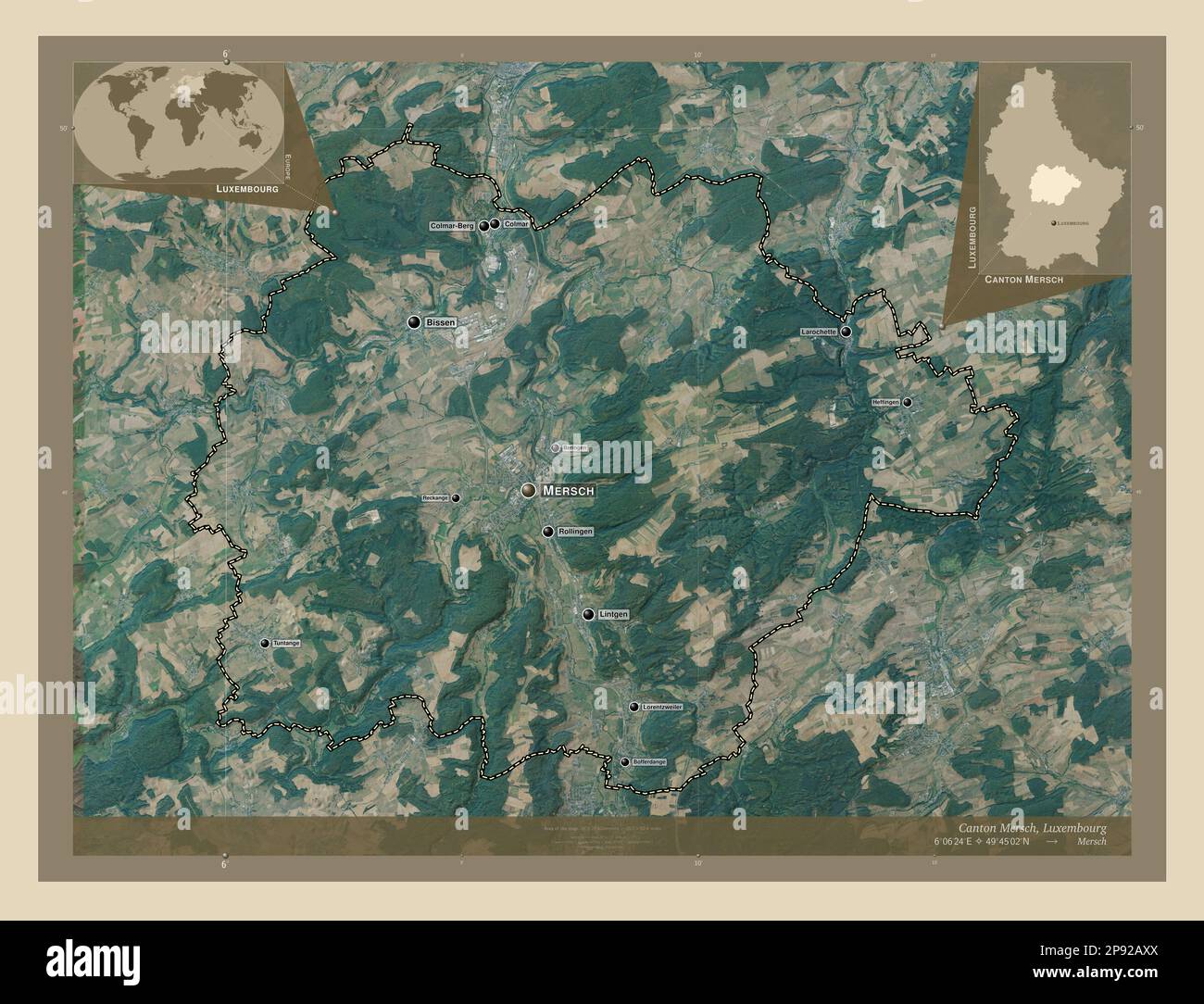 Canton de Luxembourg. Carte satellite haute résolution. Lieux et noms des principales villes de la région. Cartes d'emplacement auxiliaire d'angle Banque D'Images