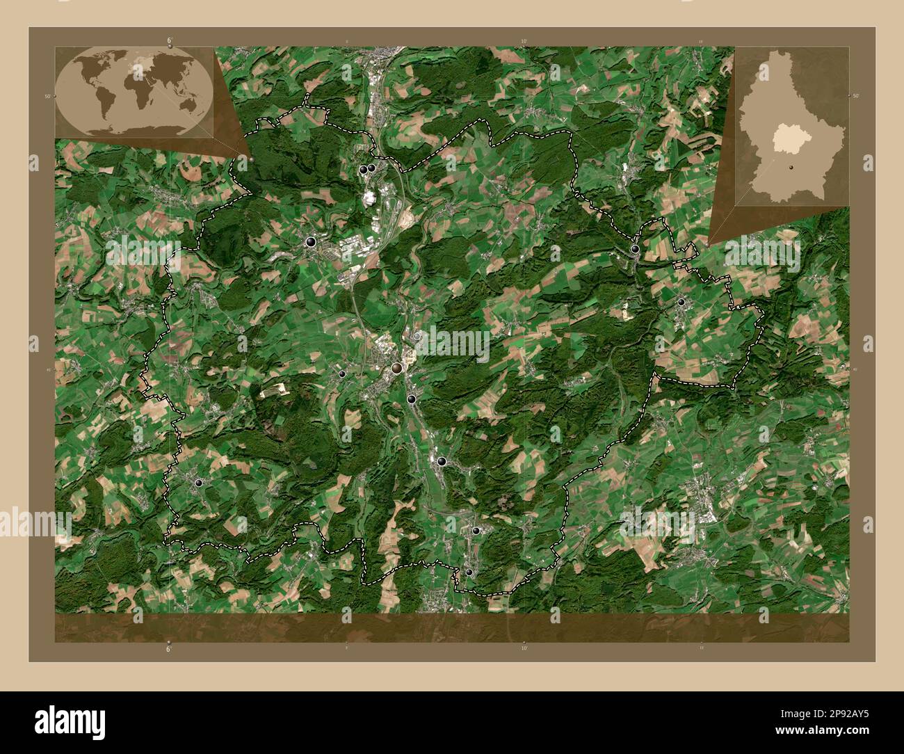 Canton de Luxembourg. Carte satellite basse résolution. Lieux des principales villes de la région. Cartes d'emplacement auxiliaire d'angle Banque D'Images