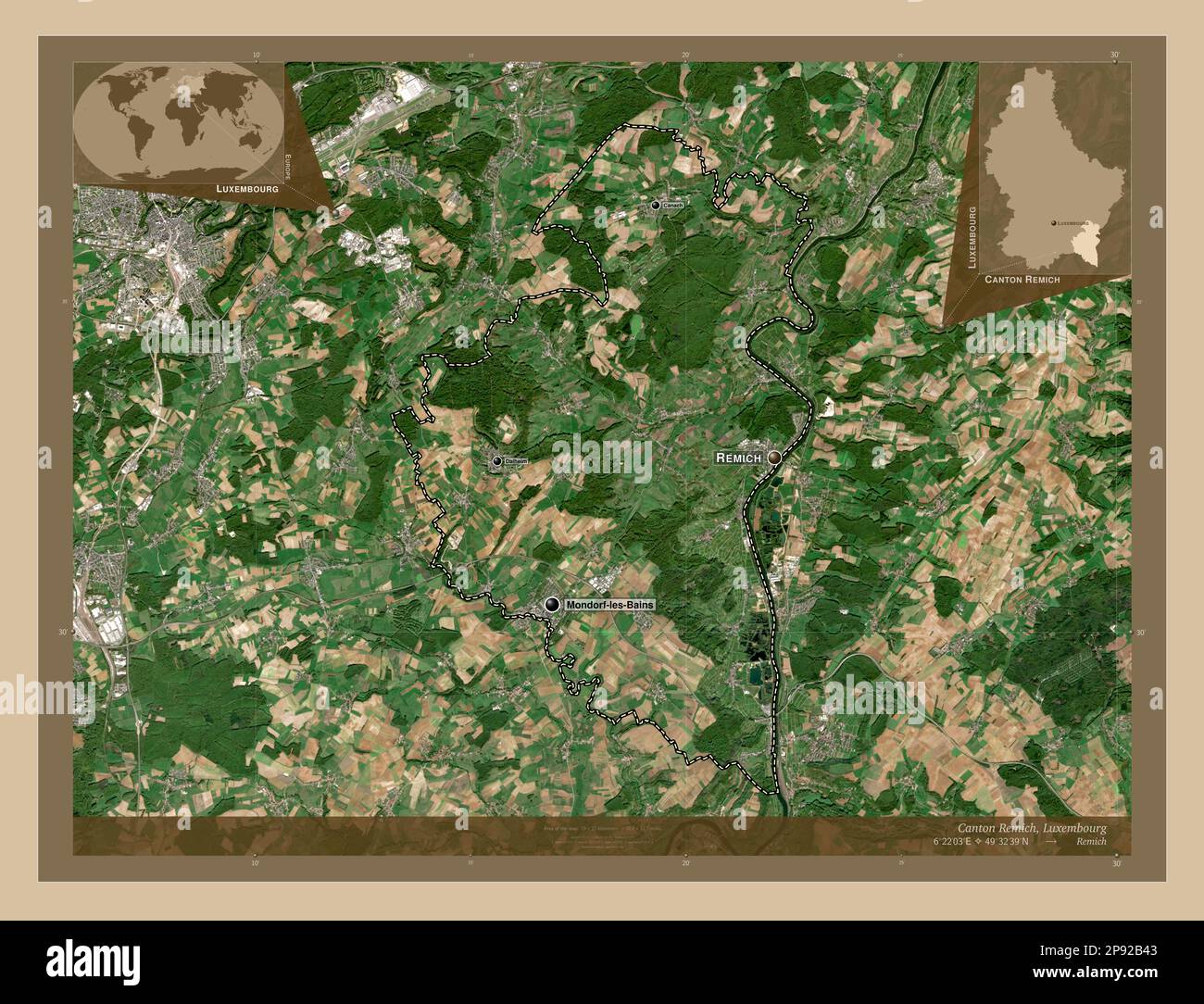 Canton de Luxembourg. Carte satellite basse résolution. Lieux et noms des principales villes de la région. Cartes d'emplacement auxiliaire d'angle Banque D'Images