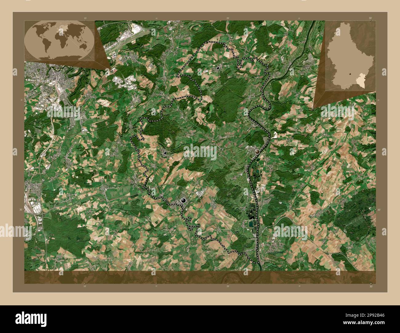 Canton de Luxembourg. Carte satellite basse résolution. Lieux des principales villes de la région. Cartes d'emplacement auxiliaire d'angle Banque D'Images