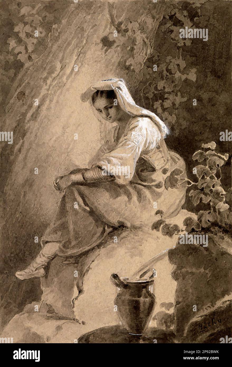 Zichy Mihály Von - a kút mellett - Magyar Iskola - XIX - Zichy Mihaly Von - près de la fontaine - Ecole hongroise - 19th siècle Banque D'Images