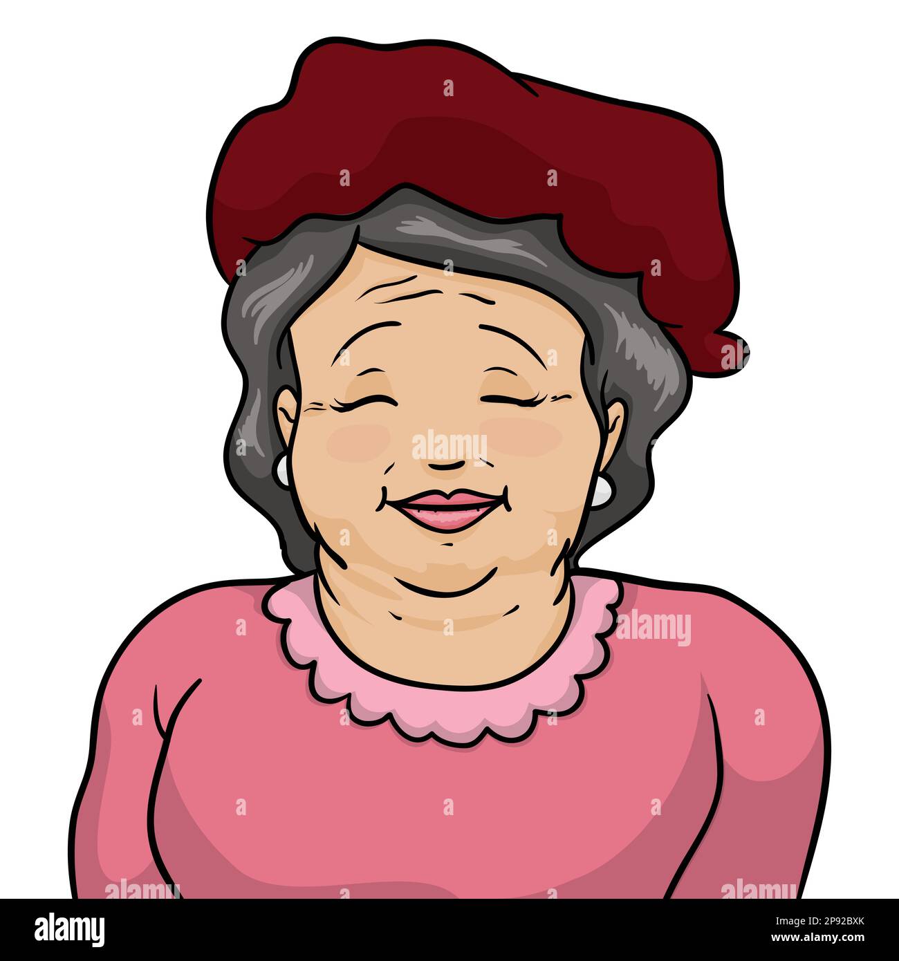 Femme plus âgée souriant, portant une robe rose, une casquette rouge et des boucles d'oreilles. Portrait de style dessin animé sur fond blanc. Illustration de Vecteur