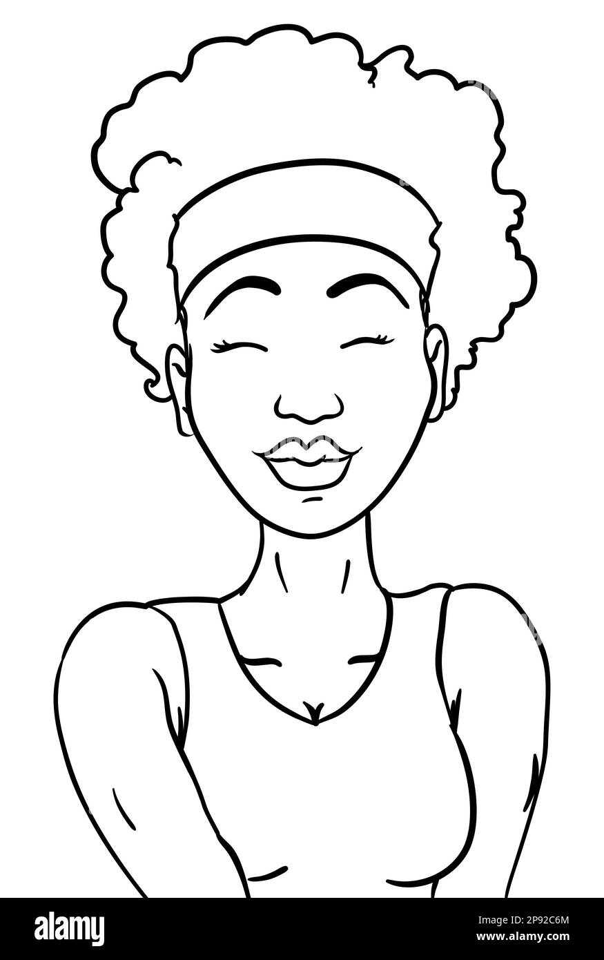 Portrait d'une femme à la peau sombre avec cheveux afro, bandana et vêtements de fitness. Créez des contours pour colorier l'activité. Illustration de Vecteur