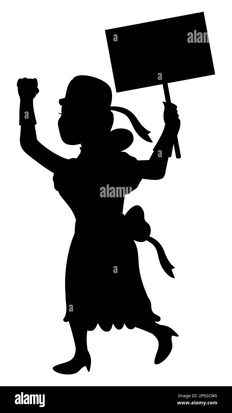 Femme vêtue d'une vieille tenue tout en marchant et en protestant avec une bannière. Silhouette sombre sur fond blanc. Illustration de Vecteur