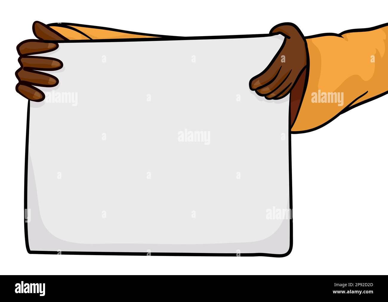 Modèle avec papier vierge tenu par des mains de femmes à la peau foncée avec des manches jaunes dans le style de dessin animé. Illustration de Vecteur