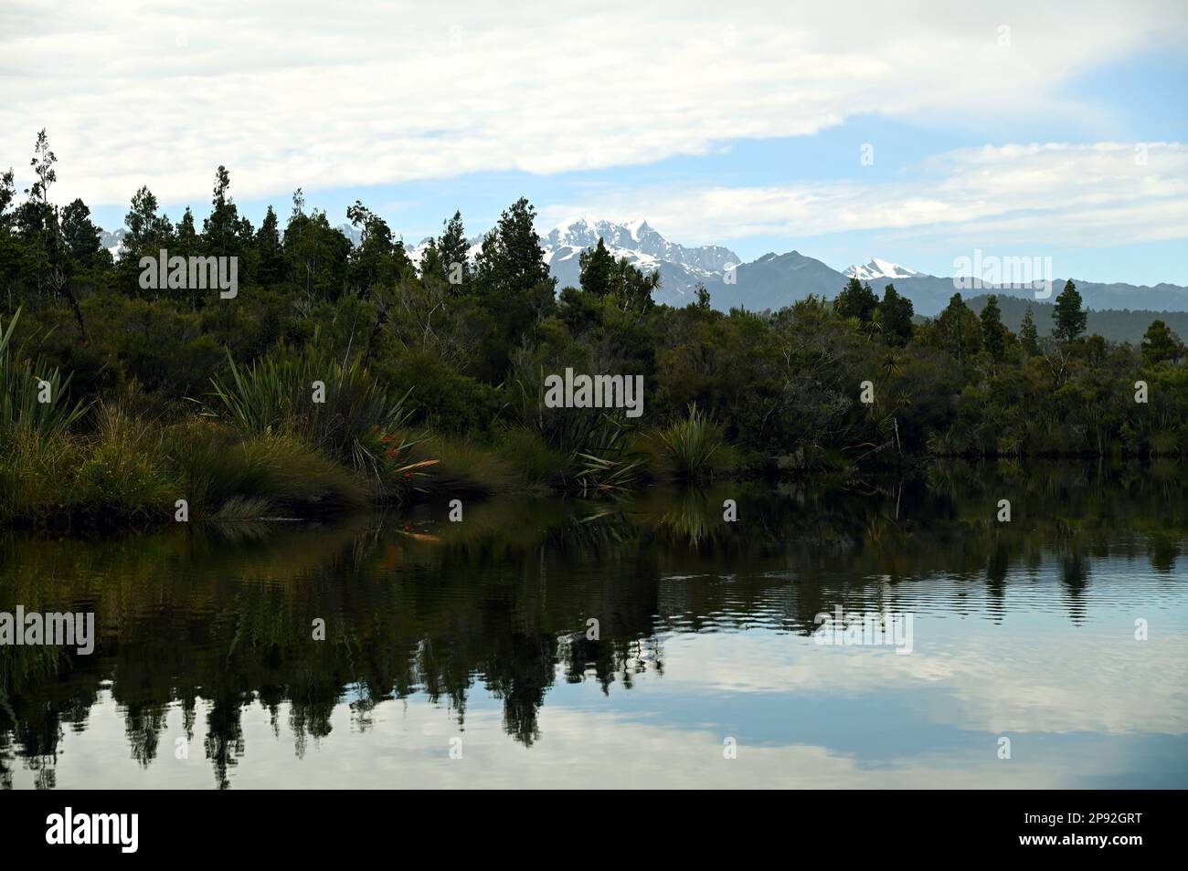 Okarito Lagoon, un lagon côtier sur la côte ouest de l'île du Sud de la Nouvelle-Zélande. C'est un important habitat marécageux. Il couvre 3 240 hectares. Banque D'Images