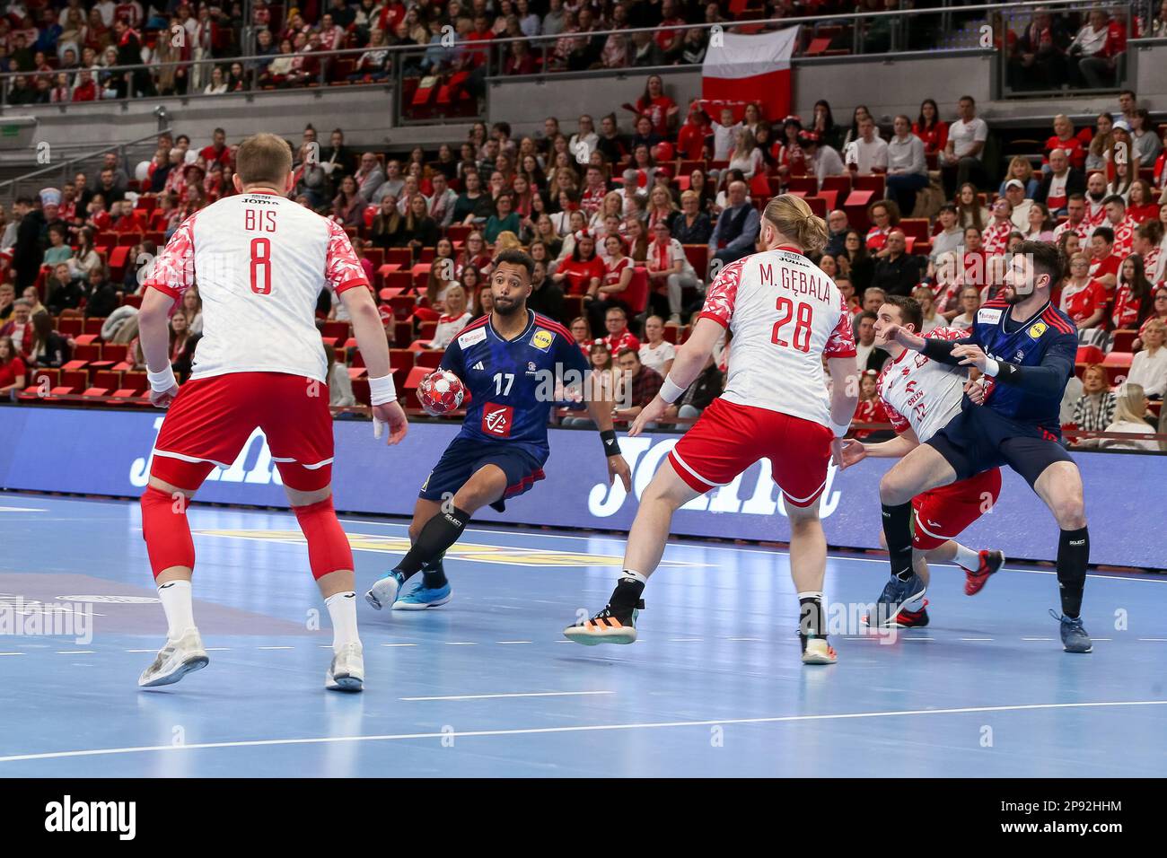 Bartlomiej BIS, Timothey n'Guessan, Maciej Gebala en action pendant la phase 2nd du match de qualification EHF 2024 entre la Pologne et la France à l'Ergo Arena. (Note finale; Pologne 28:38 France). (Photo de Tomasz Zasinski / SOPA Images/Sipa USA) Banque D'Images