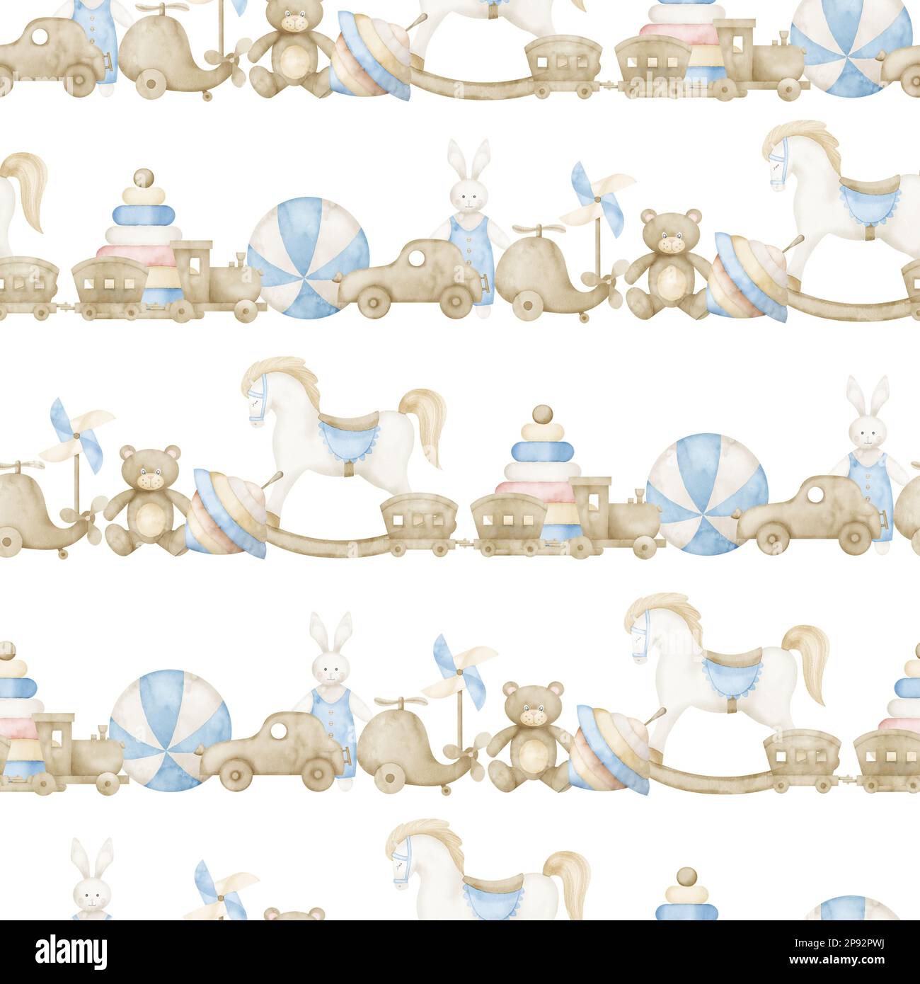 Motif sans couture avec jouets pour bébés. Fond aquarelle dessiné à la main, bleu pastel et beige, pour l'emballage de papier ou de textile. Imprimé puéril pour papier peint. Illustration pour la douche du nouveau-né. Banque D'Images