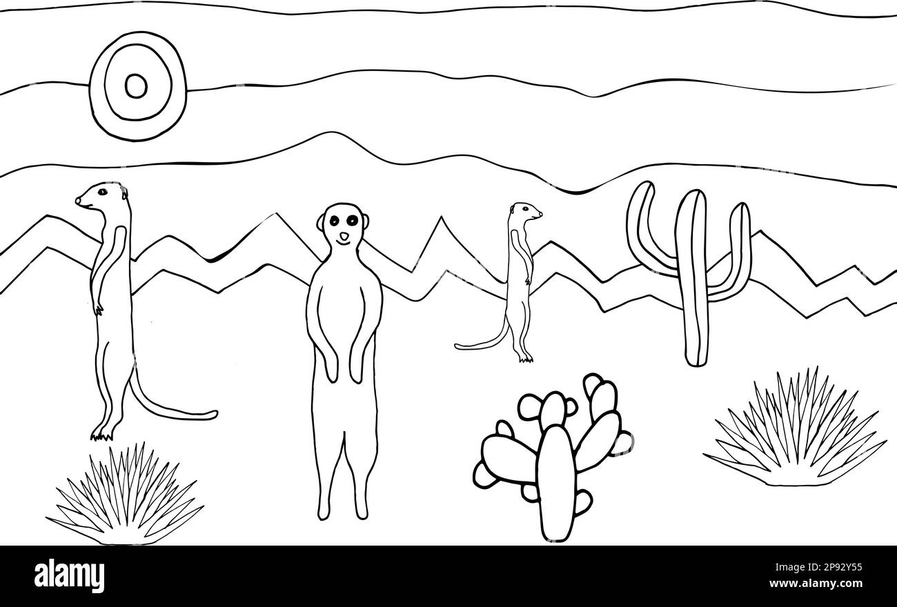 Page de coloriage du désert avec des meerkats et des cactus Illustration de Vecteur