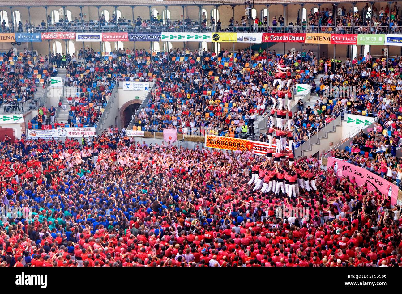 Colla Vella dels Xiquets de Valls.'Castellers bâtiment de la tour humaine, une tradition catalane.Concours semestriel. bullring.Tarragone, Espagne Banque D'Images