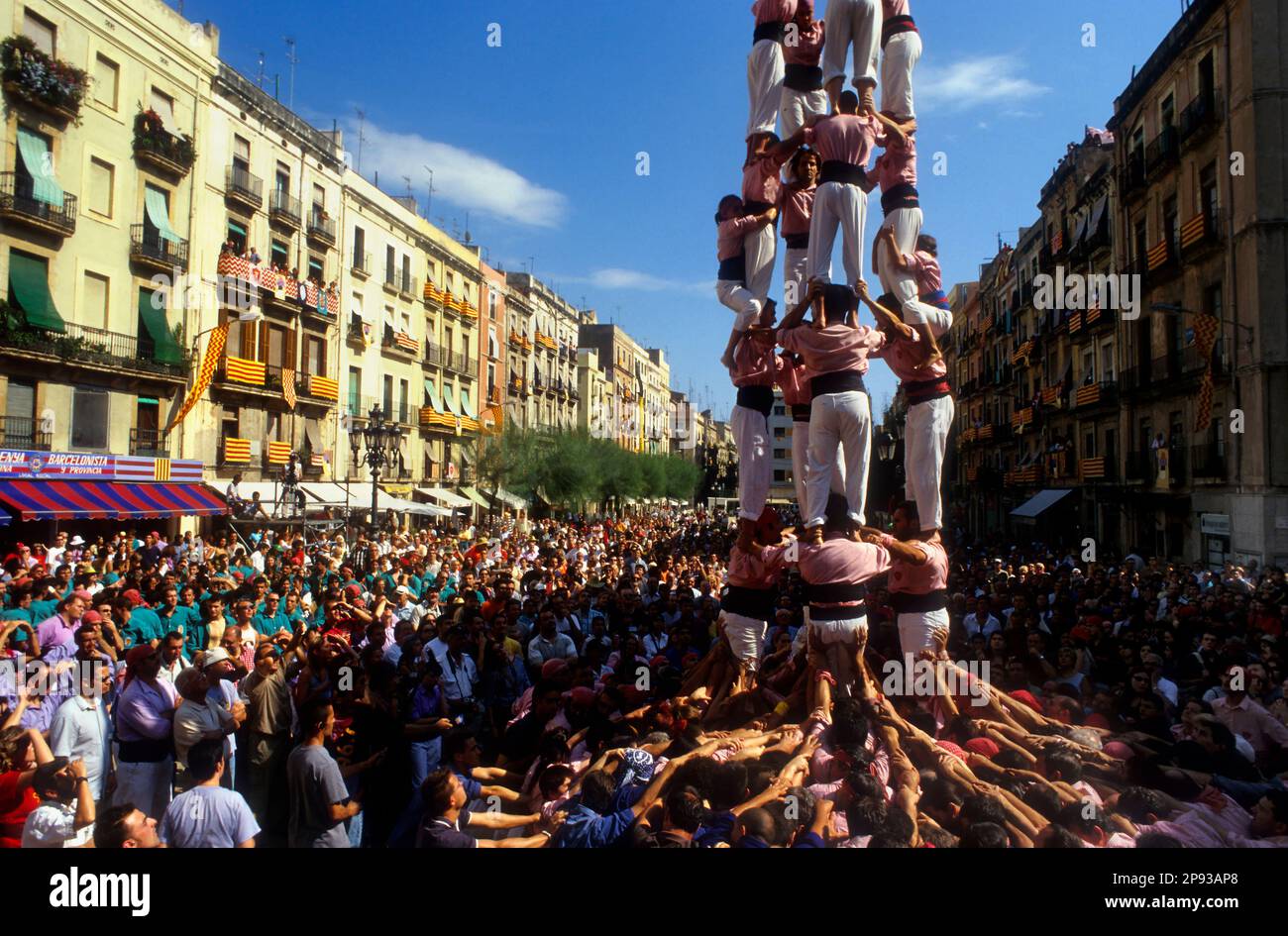 Xiquets de Tarragona.'Castellers' bâtiment de la tour humaine, une tradition catalane.Diada de Santa Tecla. Plaça de la font.Tarragone,Castellers, Espagne Banque D'Images