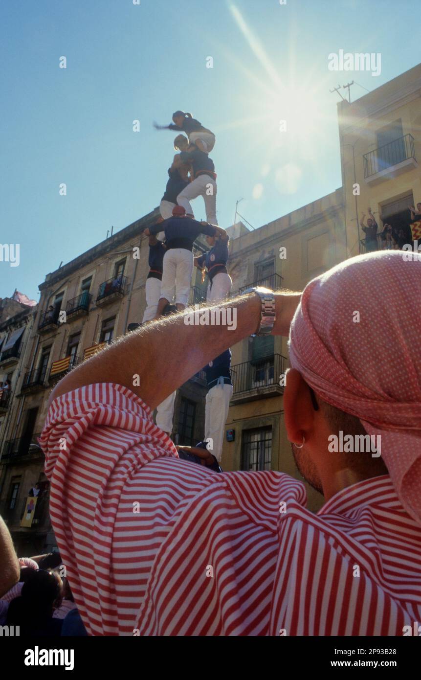 Xiquets del Serrallo.'Castellers' bâtiment de la tour humaine, une tradition catalane.Diada de Santa Tecla. Plaça de la font.Tarragone, Catalogne, Espagne Banque D'Images