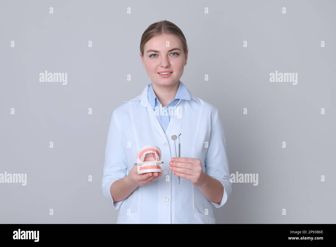 Assistant dentaire tenant le modèle de mâchoires et les outils sur fond gris clair Banque D'Images