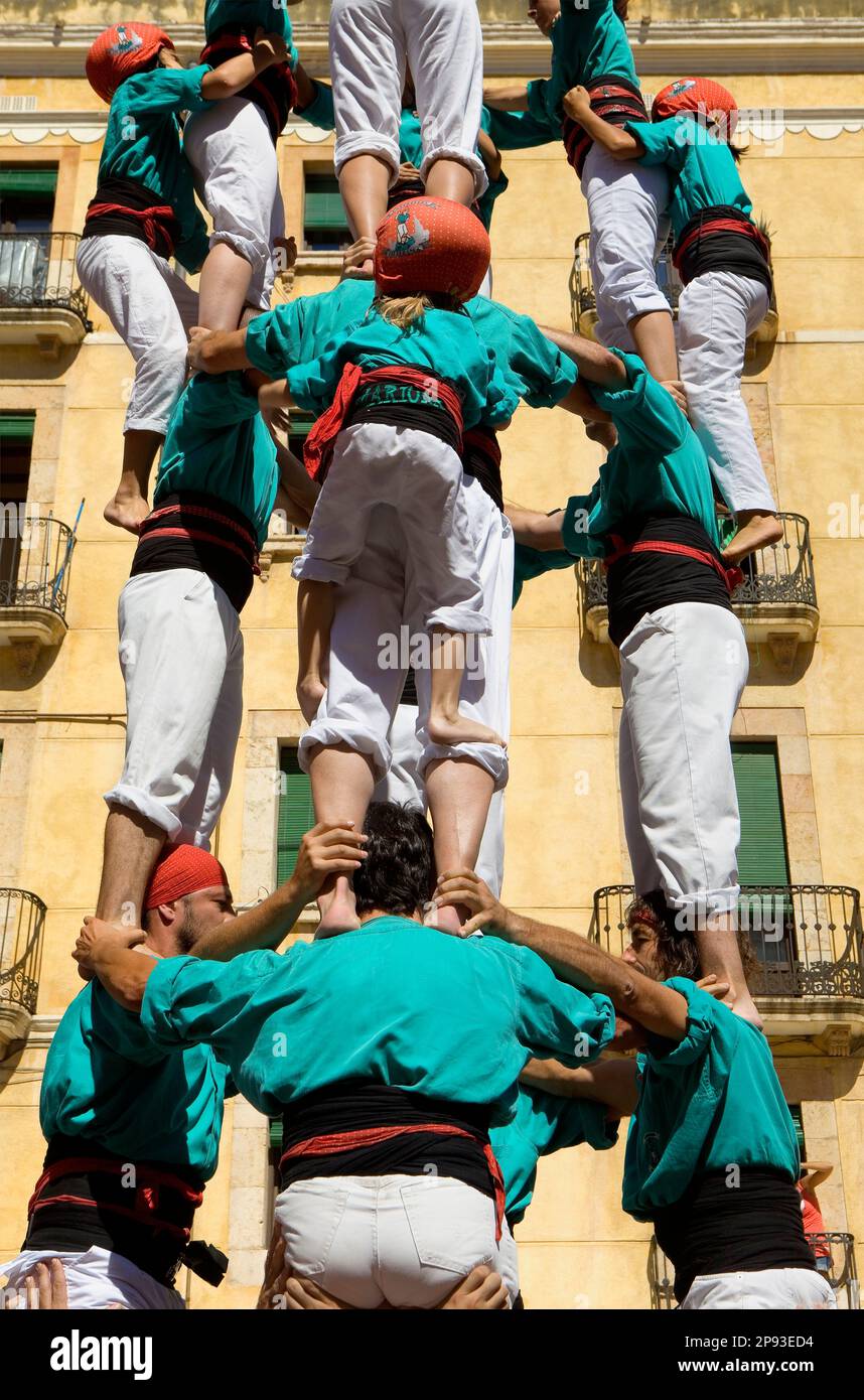 Castellers de Vilafranca.'Castellerss' Building Human Tower, une tradition catalane.Festa de Santa Tecla, festival de la ville. Plaça de la font.Tarragone, Espagne Banque D'Images