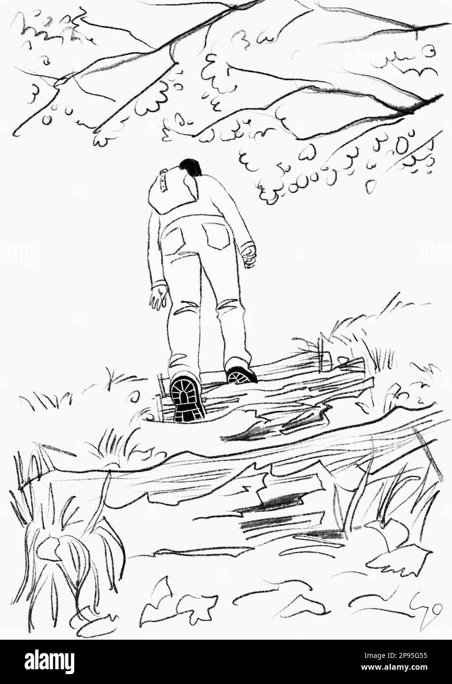 Randonneur sur une via ferrata en paysage d'automne. dessin / illustration de lignes noir et blanc Banque D'Images