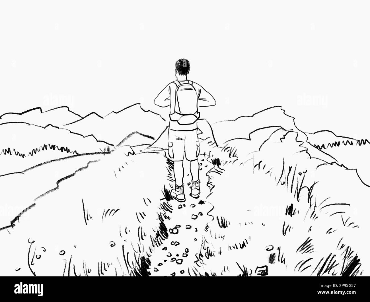 Un randonneur bénéficie de la vue sur un paysage alpin. dessin / illustration de lignes noir et blanc Banque D'Images