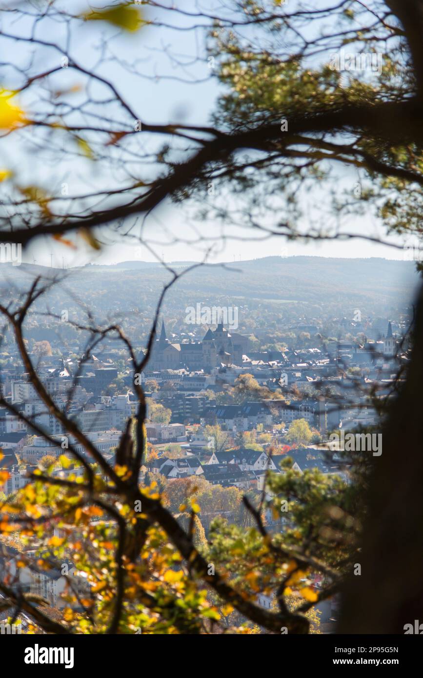 Admirez les feuilles d'automne colorées de Trèves avec ses célèbres bâtiments tels que la basilique et la cathédrale. Banque D'Images