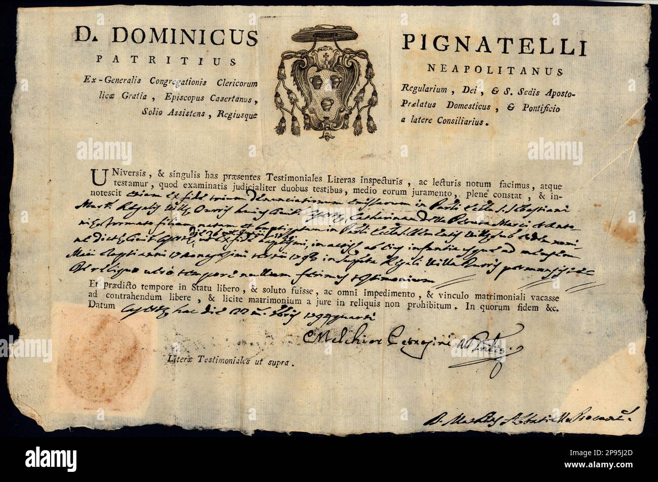 1794 , ITALIE : Bolla per permesso di matrimonio del Vescovo di Caserta principe DOMENICO PIGNATELLI ARAGONA CORTES . - Foto storiche - Foto storica - principe - RELIGIONE CATTOLICA - RELIGION CATHOLIQUE - matrimonio - mariage - mariage - clero - nobiltà italiana - noblesse - nobili italiani - nobile - ITALIE - ITALIE - CORTES - Cortez - ARALDICA - ARALDIC - MANUSCRIT - MOSCNOROIBT- Archivio GBB Banque D'Images