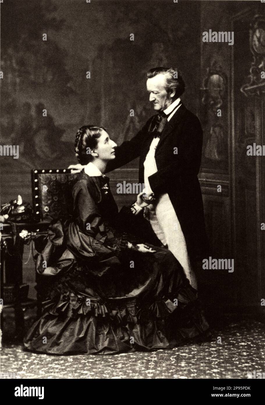 1872 , ALLEMAGNE : le compositeur de musique allemand RICHARD WAGNER ( 1813- 1883 ) avec l'épouse COSIMA WAGNER LISZT ( fille du compositeur de musique Franz Liszt et de la comtesse Marie de Flavigny d'Agout , 1837 - 1930 ), mariée avec le chef d'orchestre de musique Hans Von Bulow , ami proche de Wagner . Photo de Fritz Luckhardt . - MUSIQUE - CLASSIQUE - MUSICA CLASSICA - LIRICA - OPÉRA - BAVIÈRE - BAVIERA - compositore - musicista - portrait - ritratto - profilo - profil - amoureux - amanti - COMPOSIORE - OPERA LIRICA - MUSICISTA - col - coletto - CRAVATTA - TIE - - ARCHIVIO GBB Banque D'Images