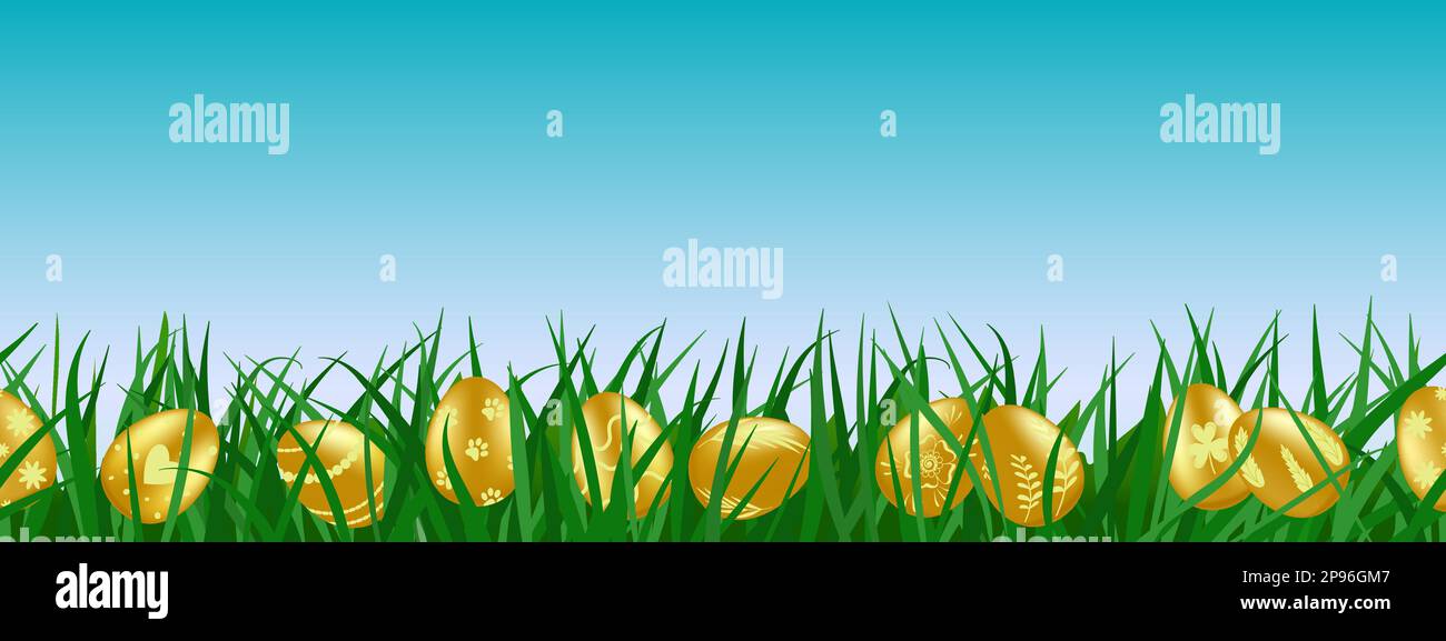 Œufs peints d'or cachés dans l'herbe verte Illustration de Vecteur
