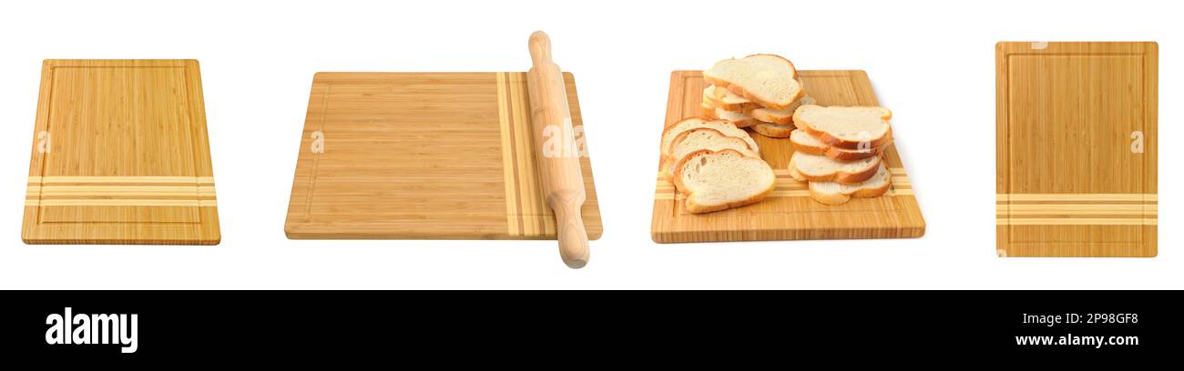 Platine à pain pour couper le pain, la broche à roulettes et le pain coupé en tranches, isolée sur fond blanc. Banque D'Images