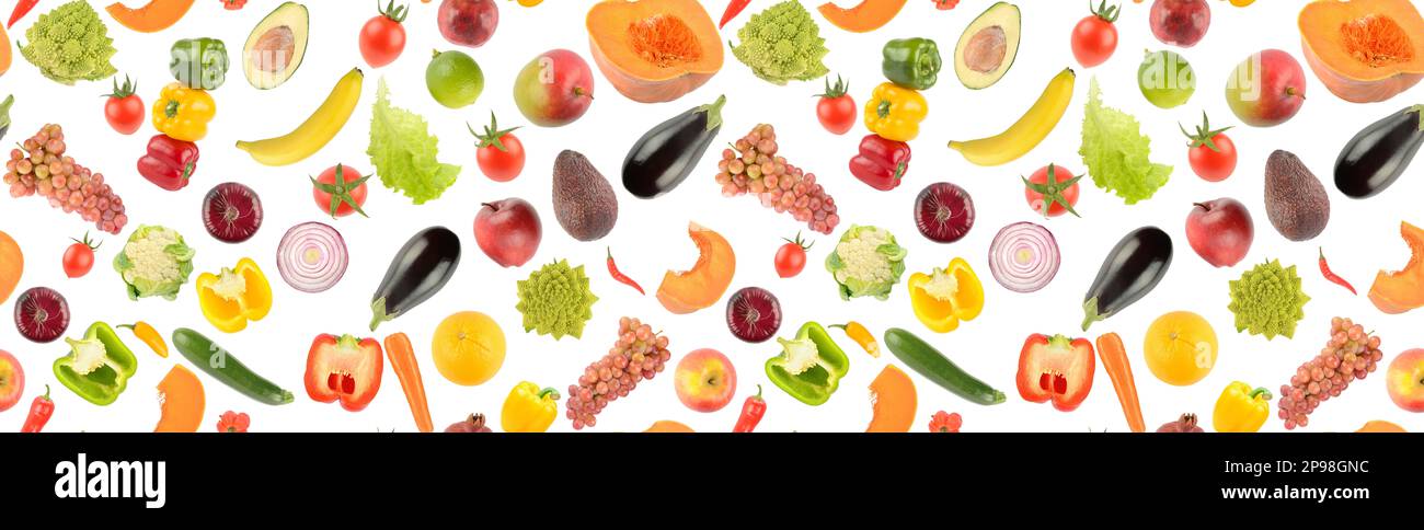 Motif coloré sans couture légumes frais et fruits lumineux isolés sur fond blanc. Banque D'Images