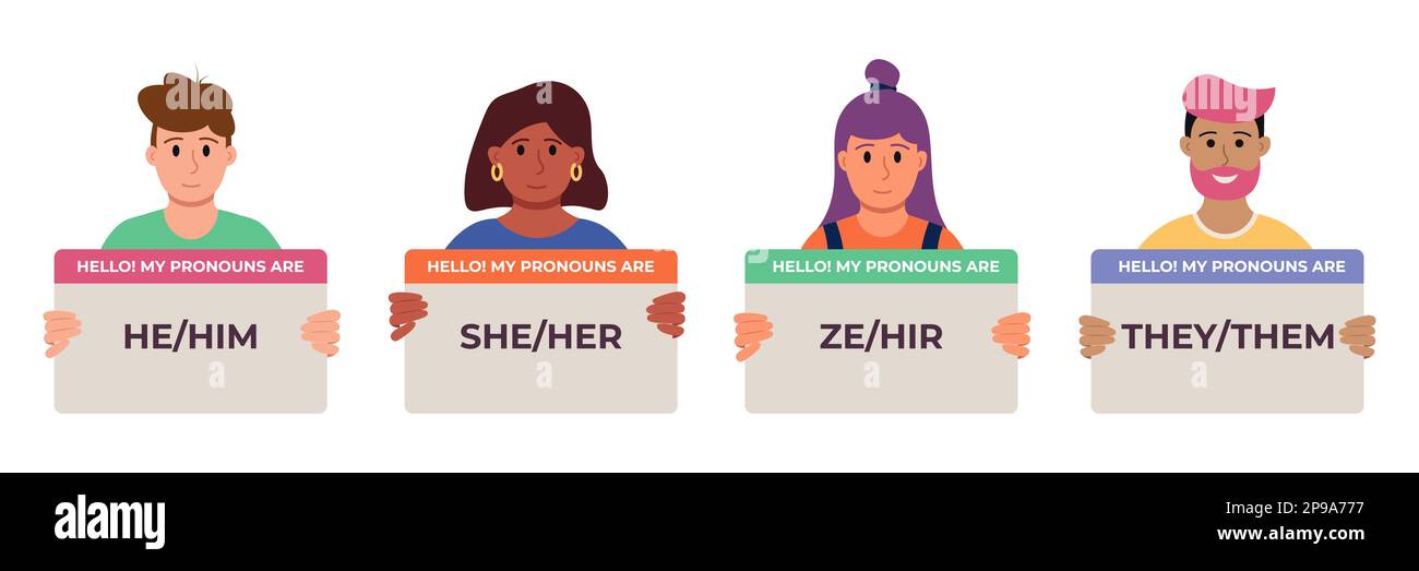 Personnes portant des signes avec Pronoms. Illustration vectorielle de style plat Portraits non binaire, mâle, femelle Illustration de Vecteur