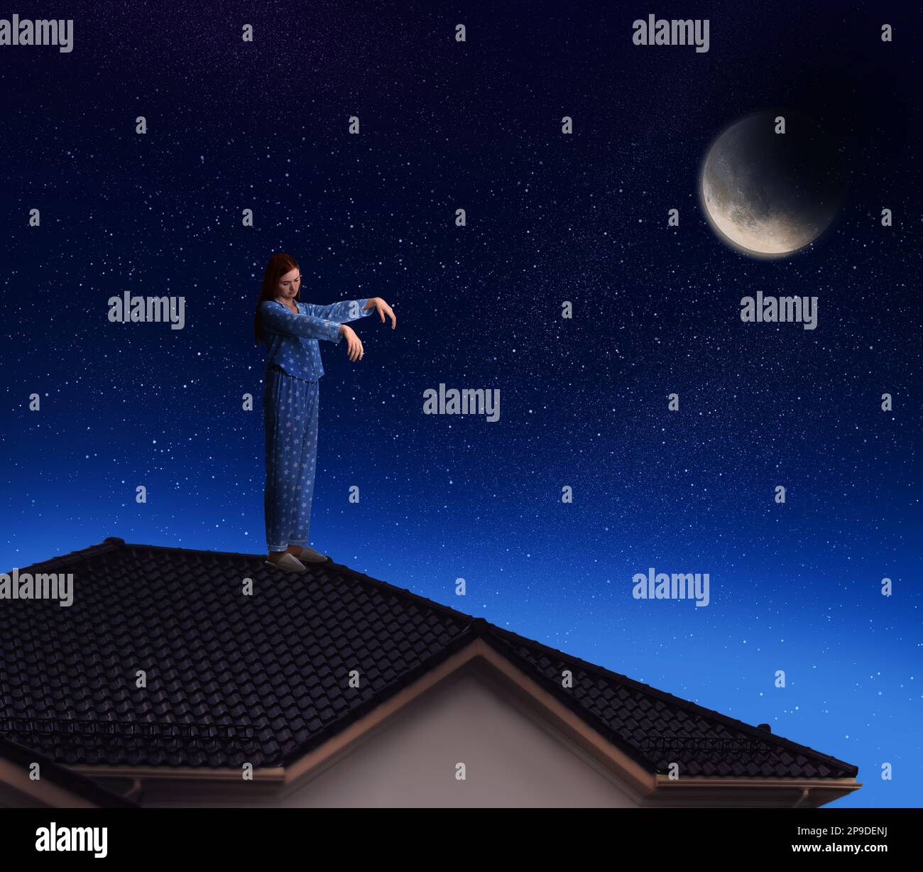 Sleepwalker portant un pyjama sur le toit la nuit Banque D'Images