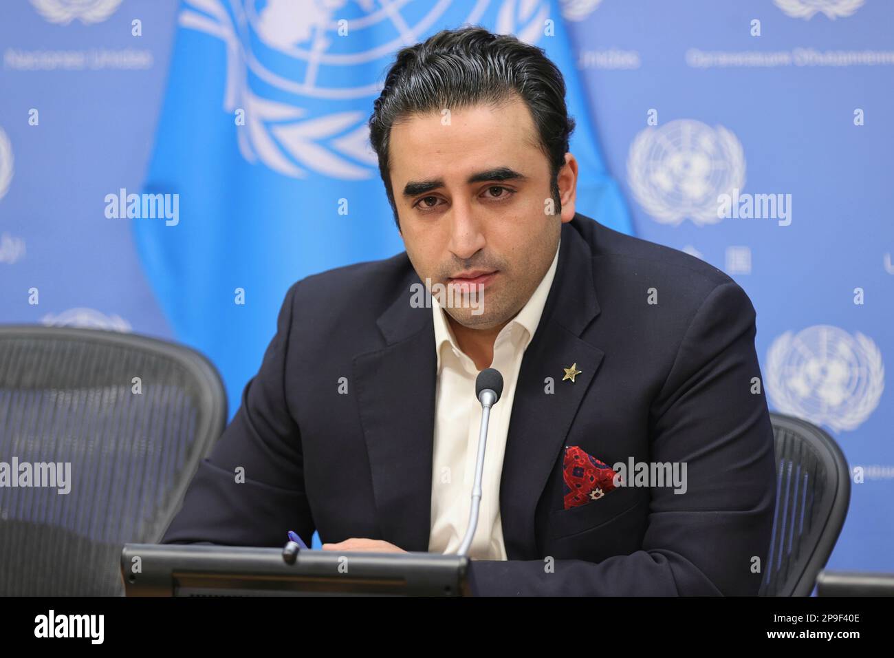 Nations Unies, New York, Etats-Unis, 10 mars 2023 - Bilawal Bhutto Zardari, Ministre des affaires étrangères du Pakistan, présente les résultats de la Conférence sur les femmes dans l'islam et commération de la première Journée internationale de lutte contre l'islamophobie, Sur la touche de la Commission de la condition de la femme (CSW), aujourd'hui, aux Headcorters de l'ONU à New York. Photo: Luiz Rampelotto/EuropaNewswire Banque D'Images