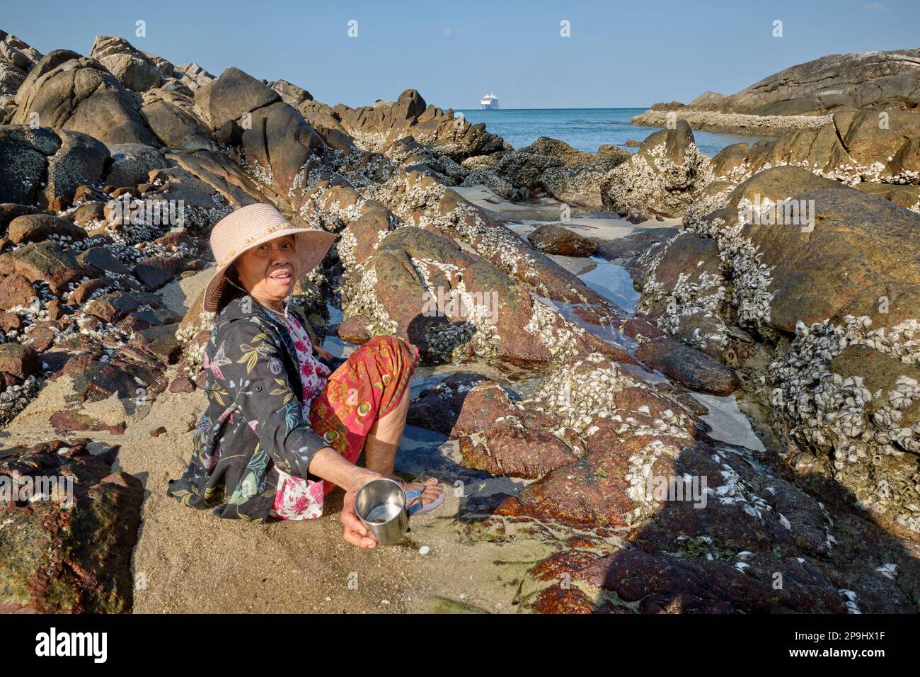 Une femme locale à la recherche de moules sur la rive rocheuse de la baie de Kalim (plage de Kalim), Phuket, Thaïlande, montrant sa petite trouvaille jusqu'à présent minimale Banque D'Images
